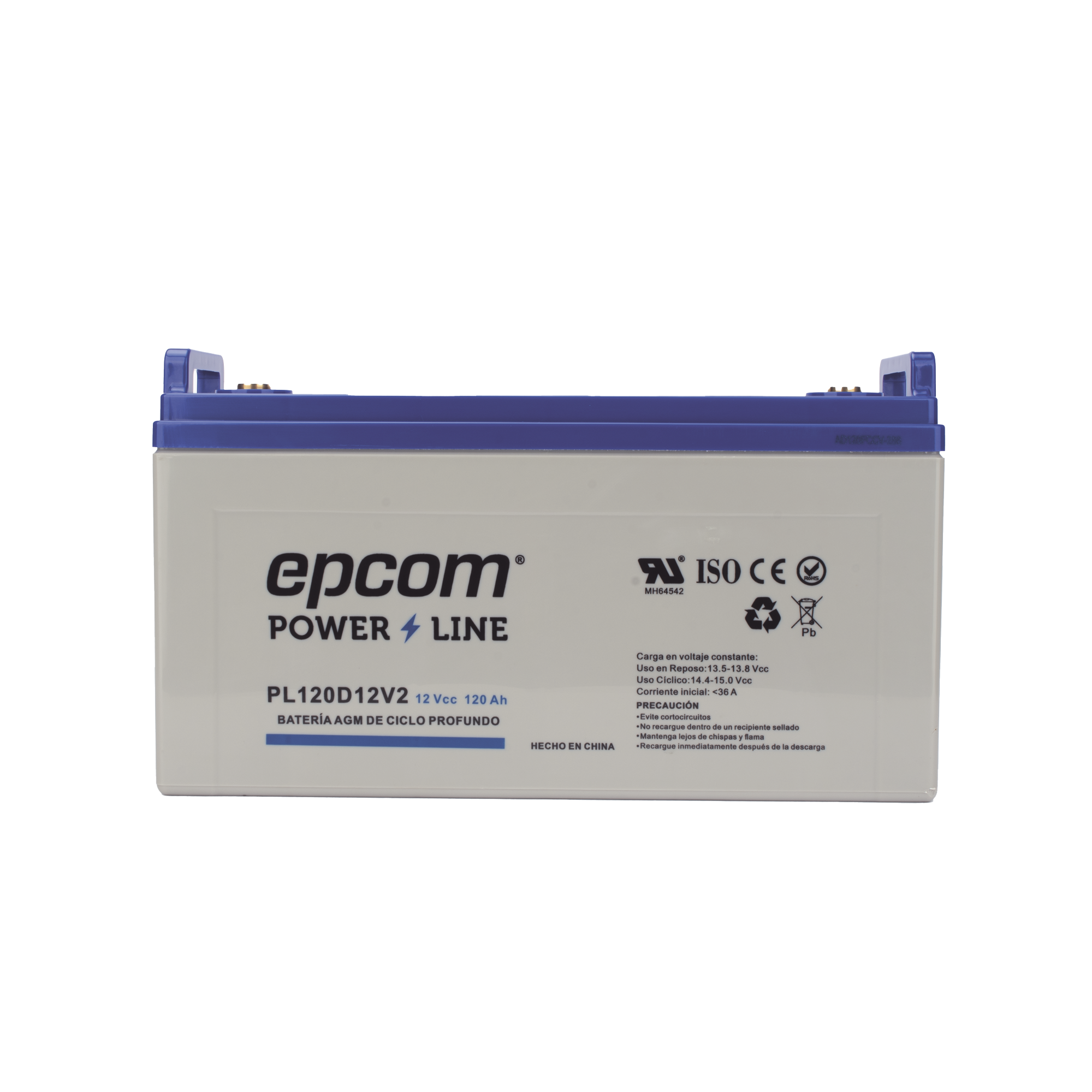 Batería 12 Vcc 120 Ah UL AGM-VRLA CICLO PROFUNDO Para uso en aplicaciones fotovoltaicas y de emergencia Terminales T4 EPCOM POWERLINE PL120D12V2 - SILYMX