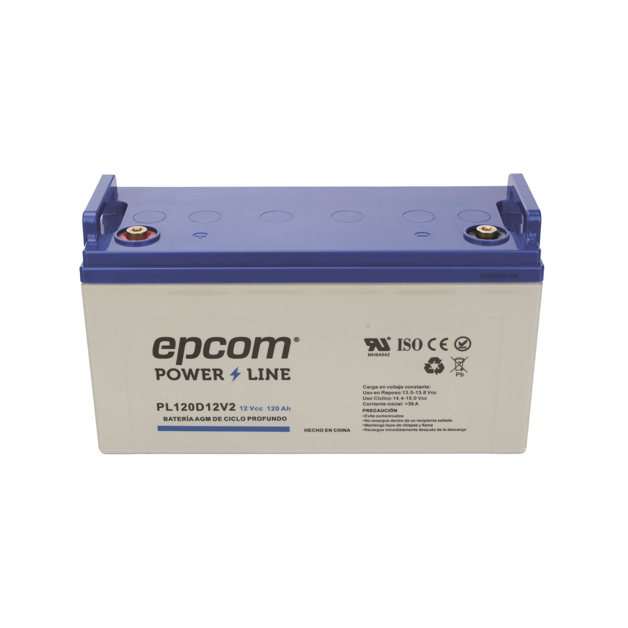 Batería 12 Vcc 120 Ah UL AGM-VRLA CICLO PROFUNDO Para uso en aplicaciones fotovoltaicas y de emergencia Terminales T4 EPCOM POWERLINE PL120D12V2 - SILYMX