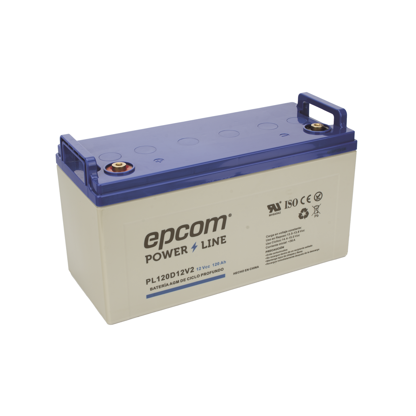 Batería 12 Vcc 120 Ah UL AGM-VRLA CICLO PROFUNDO Para uso en aplicaciones fotovoltaicas y de emergencia Terminales T4 EPCOM POWERLINE PL120D12V2 - SILYMX