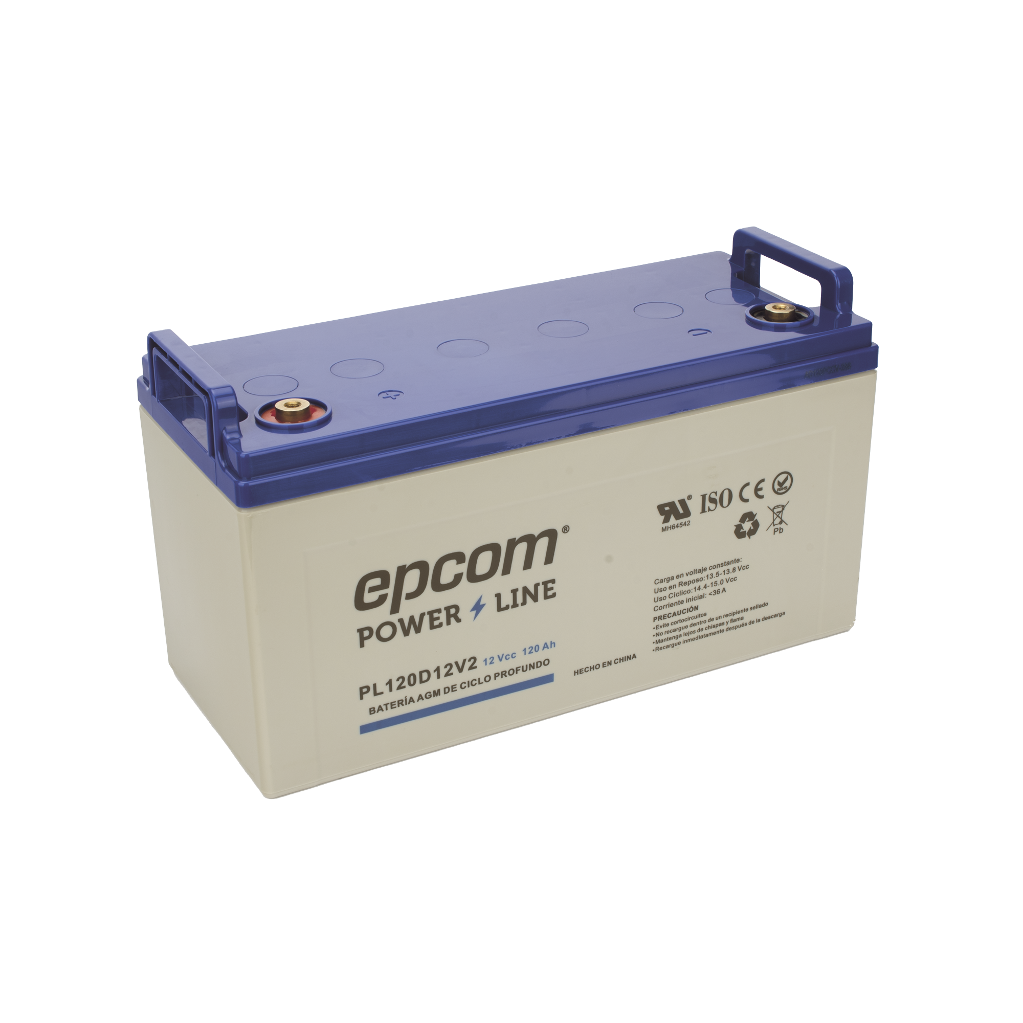 Batería 12 Vcc 120 Ah UL AGM-VRLA CICLO PROFUNDO Para uso en aplicaciones fotovoltaicas y de emergencia Terminales T4 EPCOM POWERLINE PL120D12V2 - SILYMX