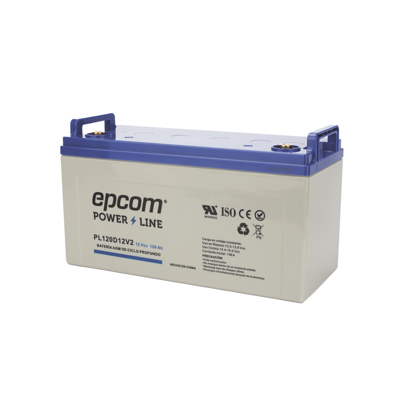 Batería 12 Vcc 120 Ah UL AGM-VRLA CICLO PROFUNDO Para uso en aplicaciones fotovoltaicas y de emergencia Terminales T4 EPCOM POWERLINE PL120D12V2 - SILYMX