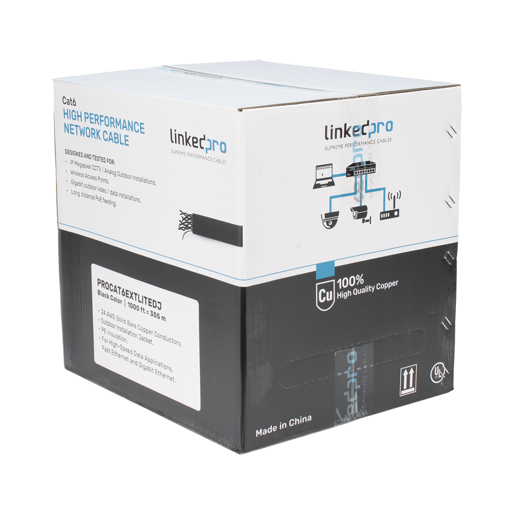 Bobina de Cable UTP 305 m Cat6 Con DOBLE FORRO para Exterior CLIMAS EXTREMOS Color Negro PRO-CAT-6-EXT-LITE-DJ - SILYMX