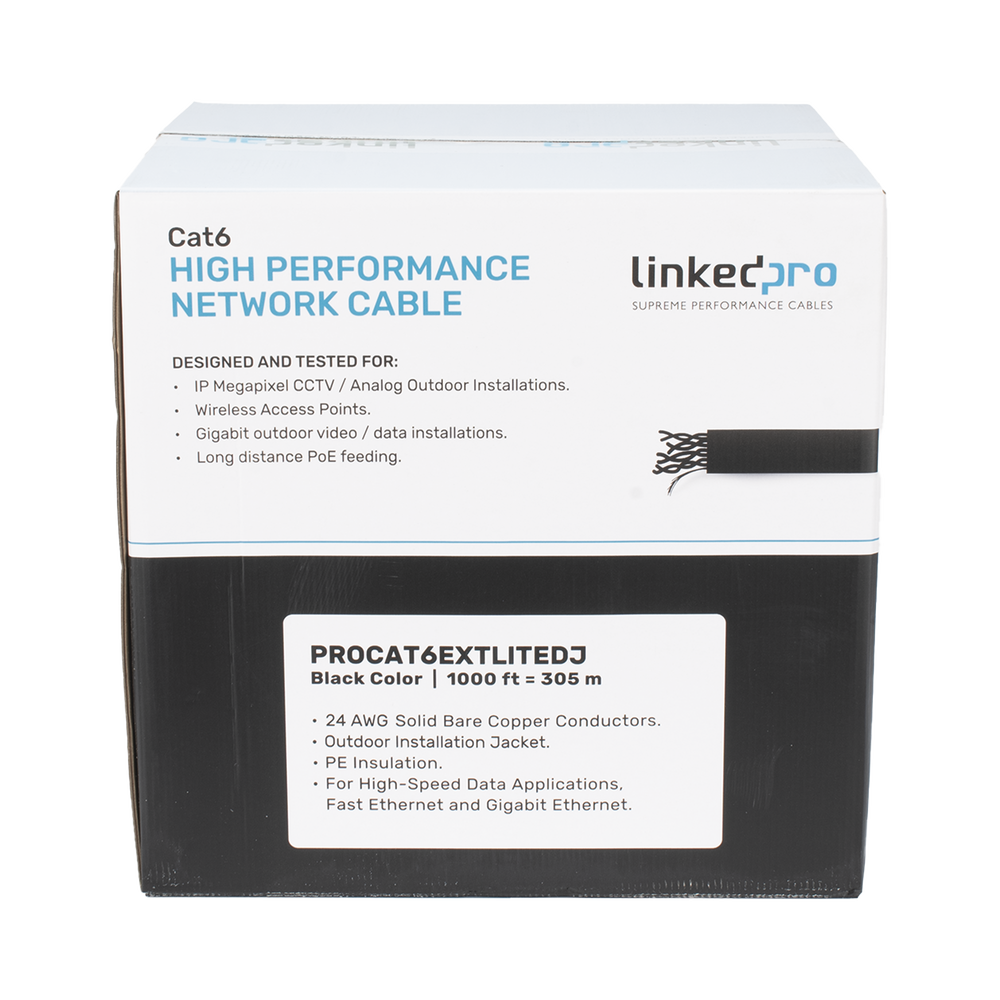 Bobina de Cable UTP 305 m Cat6 Con DOBLE FORRO para Exterior CLIMAS EXTREMOS Color Negro PRO-CAT-6-EXT-LITE-DJ - SILYMX