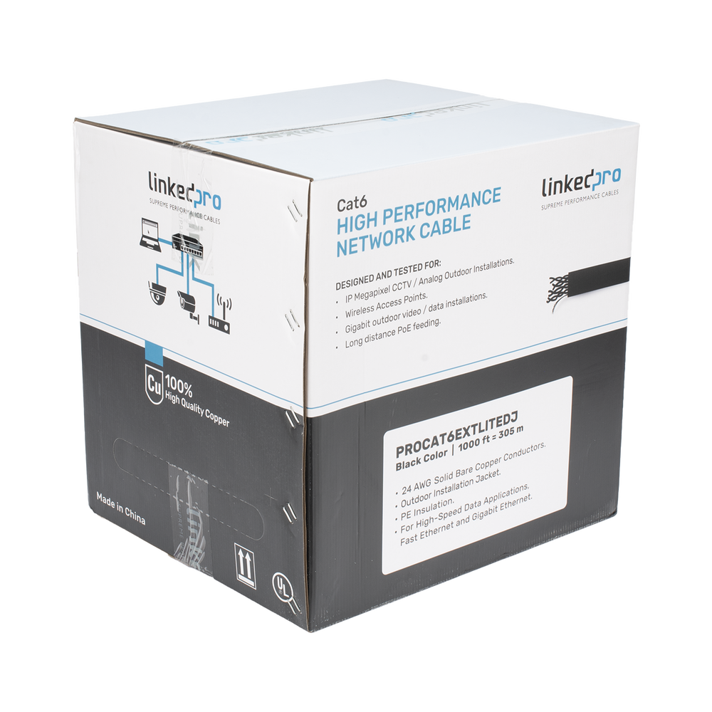 Bobina de Cable UTP 305 m Cat6 Con DOBLE FORRO para Exterior CLIMAS EXTREMOS Color Negro PRO-CAT-6-EXT-LITE-DJ - SILYMX