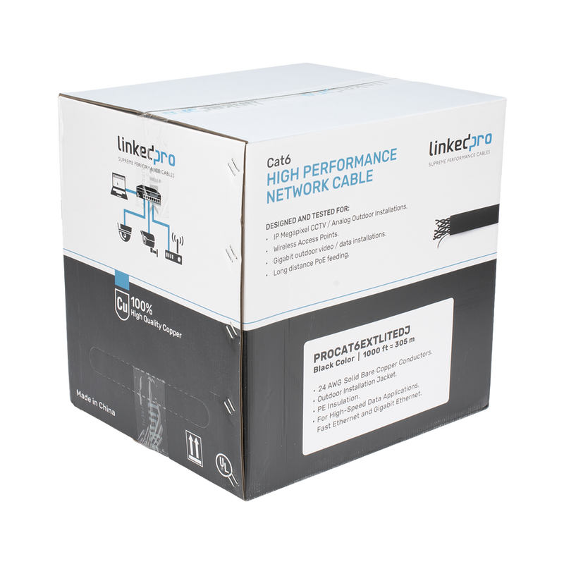 Bobina de Cable UTP 305 m Cat6 Con DOBLE FORRO para Exterior CLIMAS EXTREMOS Color Negro PRO-CAT-6-EXT-LITE-DJ