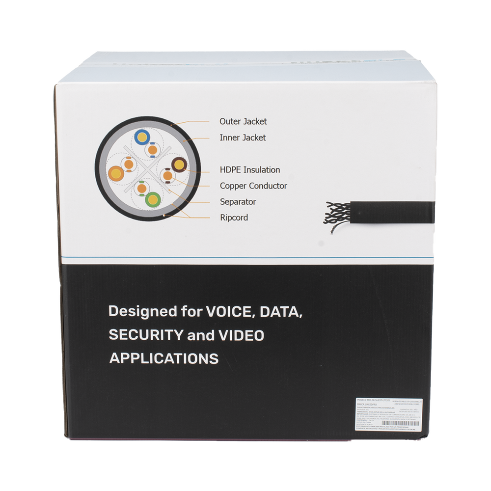 Bobina de Cable UTP 305 m Cat6 Con DOBLE FORRO para Exterior CLIMAS EXTREMOS Color Negro PRO-CAT-6-EXT-LITE-DJ - SILYMX