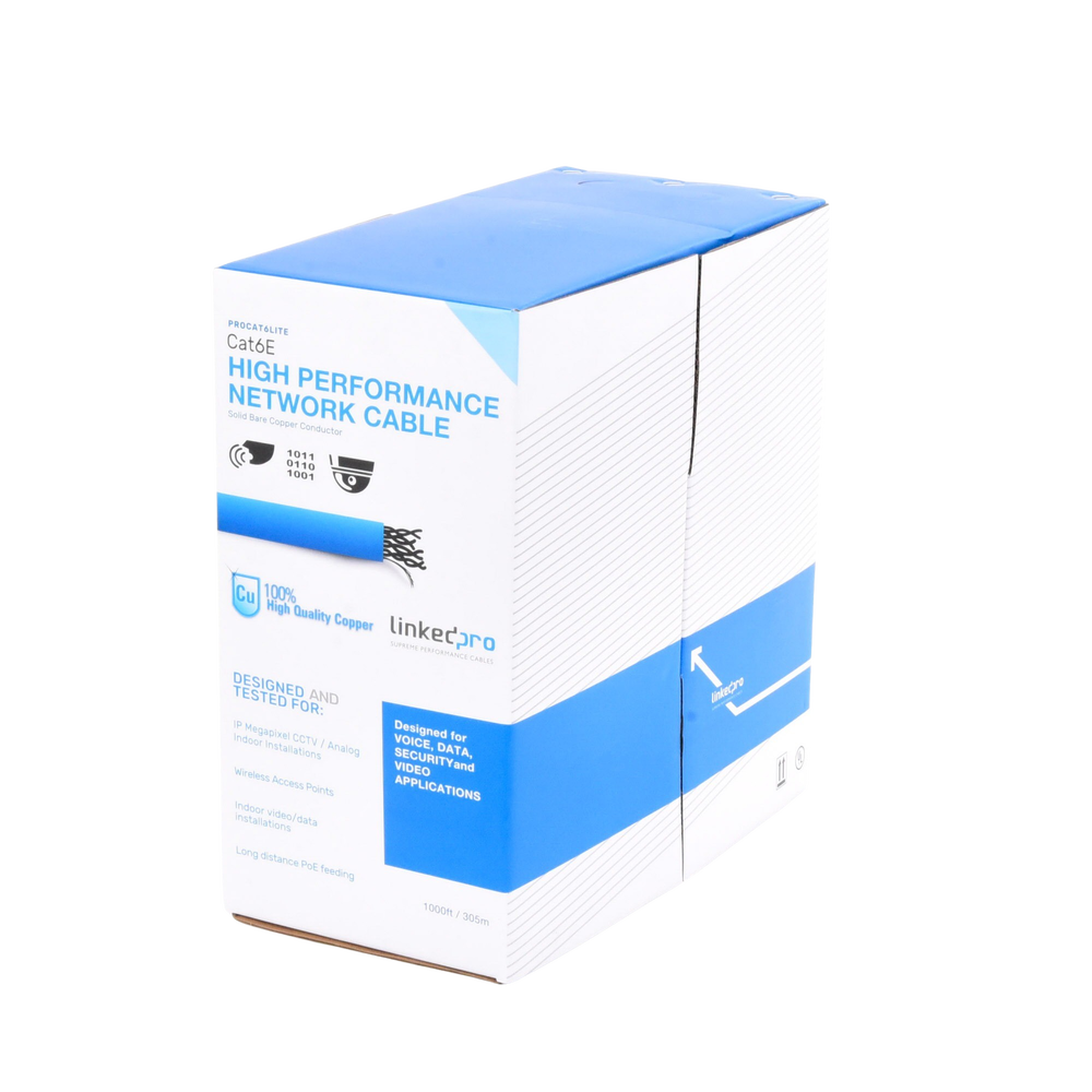 Bobina de cable Linkedpro Cat6 CM 24 AWG Alto Rendimiento ETL UL color azul super flexible Uso interior de 305 metros PRO-CAT-6-LITE - SILYMX