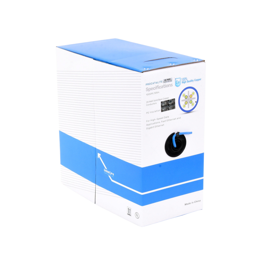 Bobina de cable Linkedpro Cat6 CM 24 AWG Alto Rendimiento ETL UL color azul super flexible Uso interior de 305 metros PRO-CAT-6-LITE - SILYMX