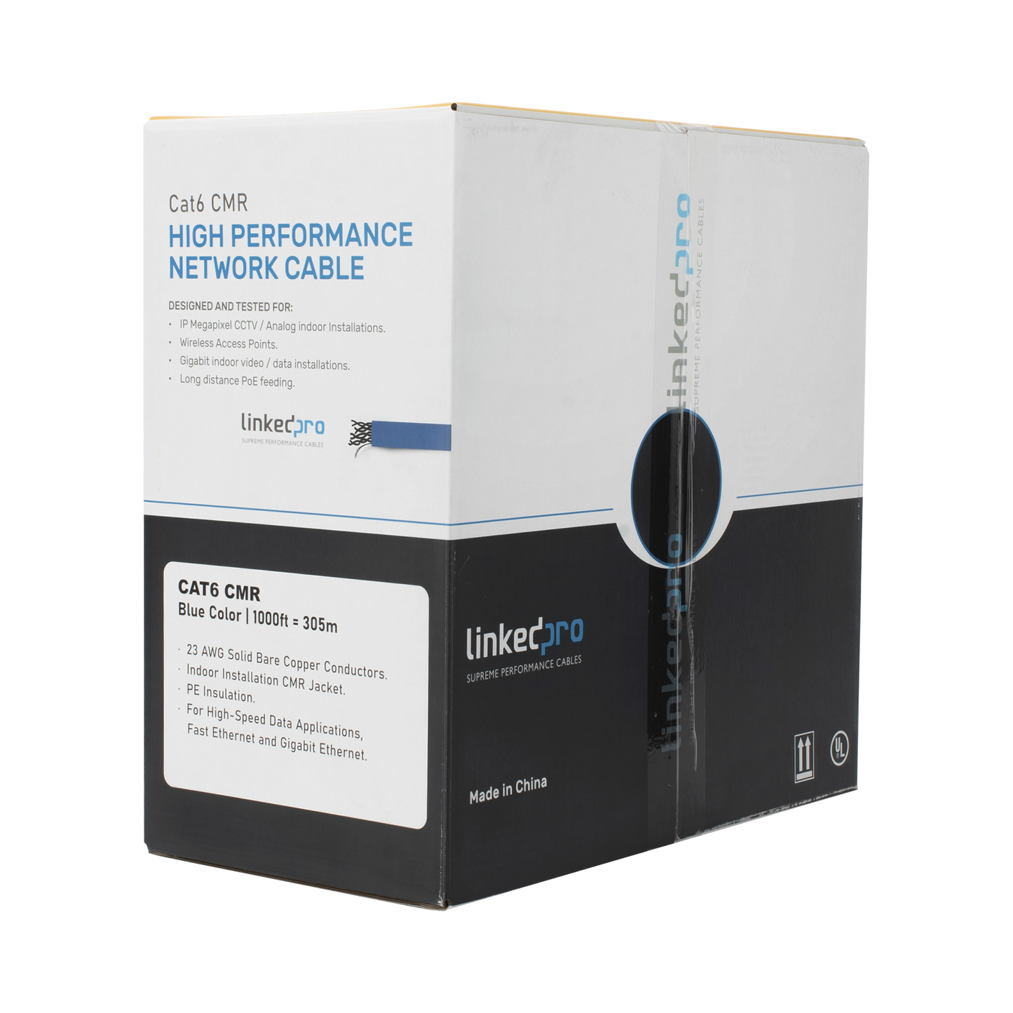Bobina de cable Cat6+ CMR CALIBRE 23 ALTO RENDIMIENTO ETL UL color azul super flexible Uso interior de 305 metros PRO-CAT6-R