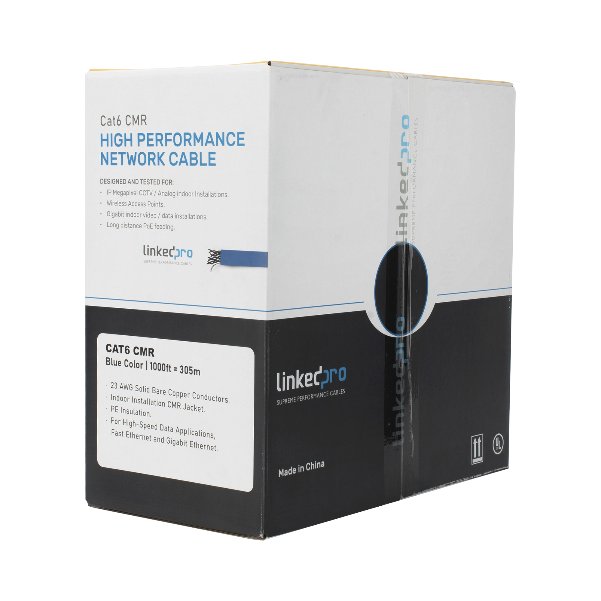 Bobina de cable Cat6+ CMR CALIBRE 23 ALTO RENDIMIENTO ETL UL color azul super flexible Uso interior de 305 metros PRO-CAT6-R