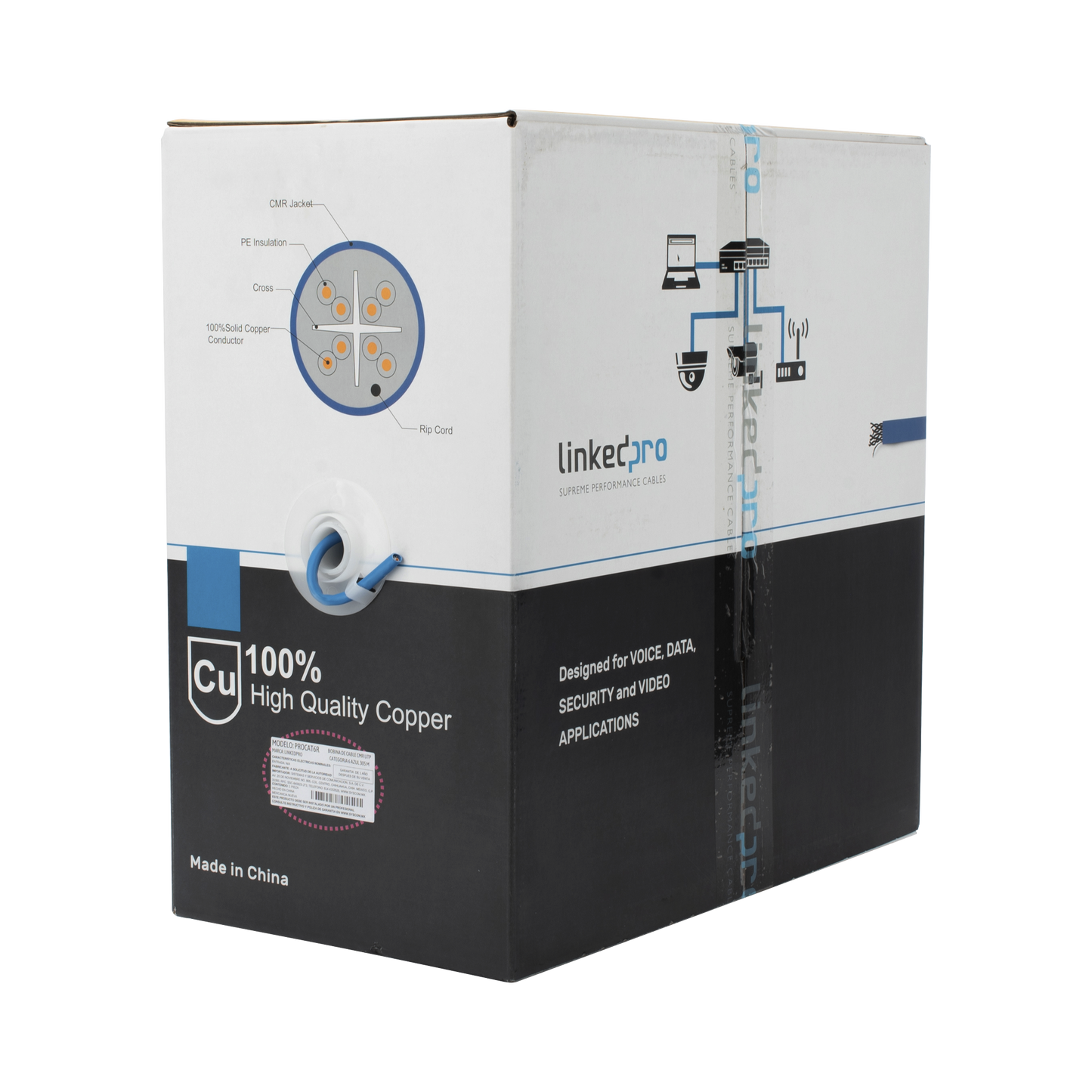 Bobina de cable Cat6+ CMR CALIBRE 23 ALTO RENDIMIENTO ETL UL color azul super flexible Uso interior de 305 metros PRO-CAT6-R