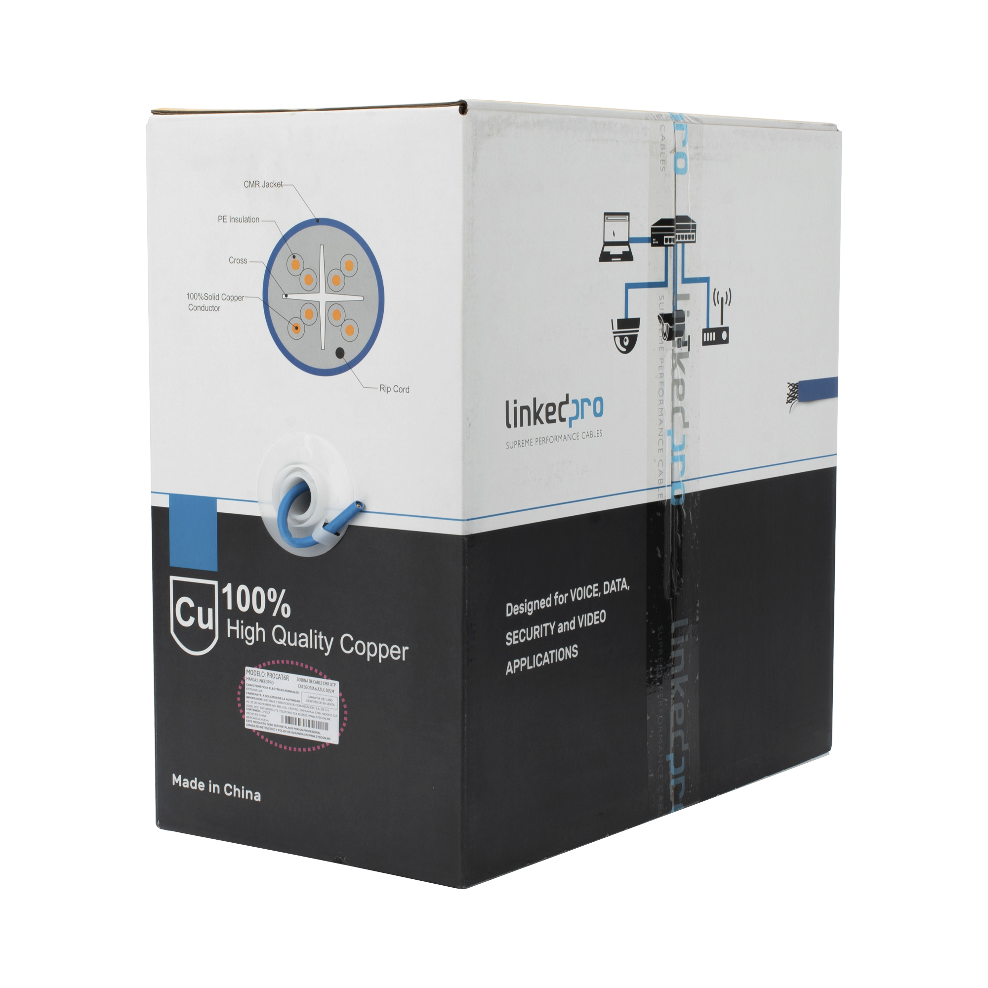 Bobina de cable Cat6+ CMR CALIBRE 23 ALTO RENDIMIENTO ETL UL color azul super flexible Uso interior de 305 metros PRO-CAT6-R