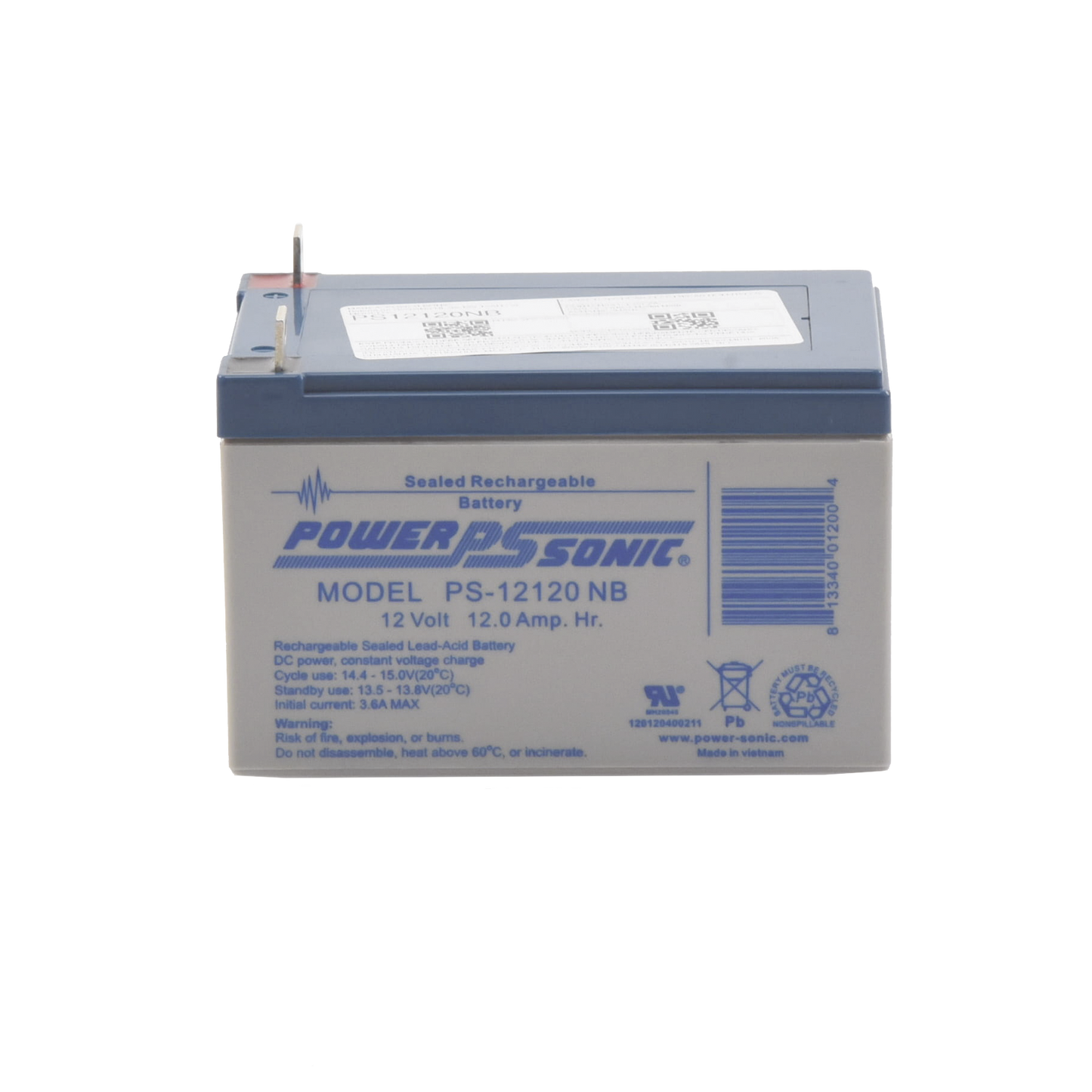 Batería 12V 12AH Para Respaldo AGM/VRLA 5 Años Vida Útil Terminales NB Reconocida UL POWER SONIC PS-12120-NB - SILYMX