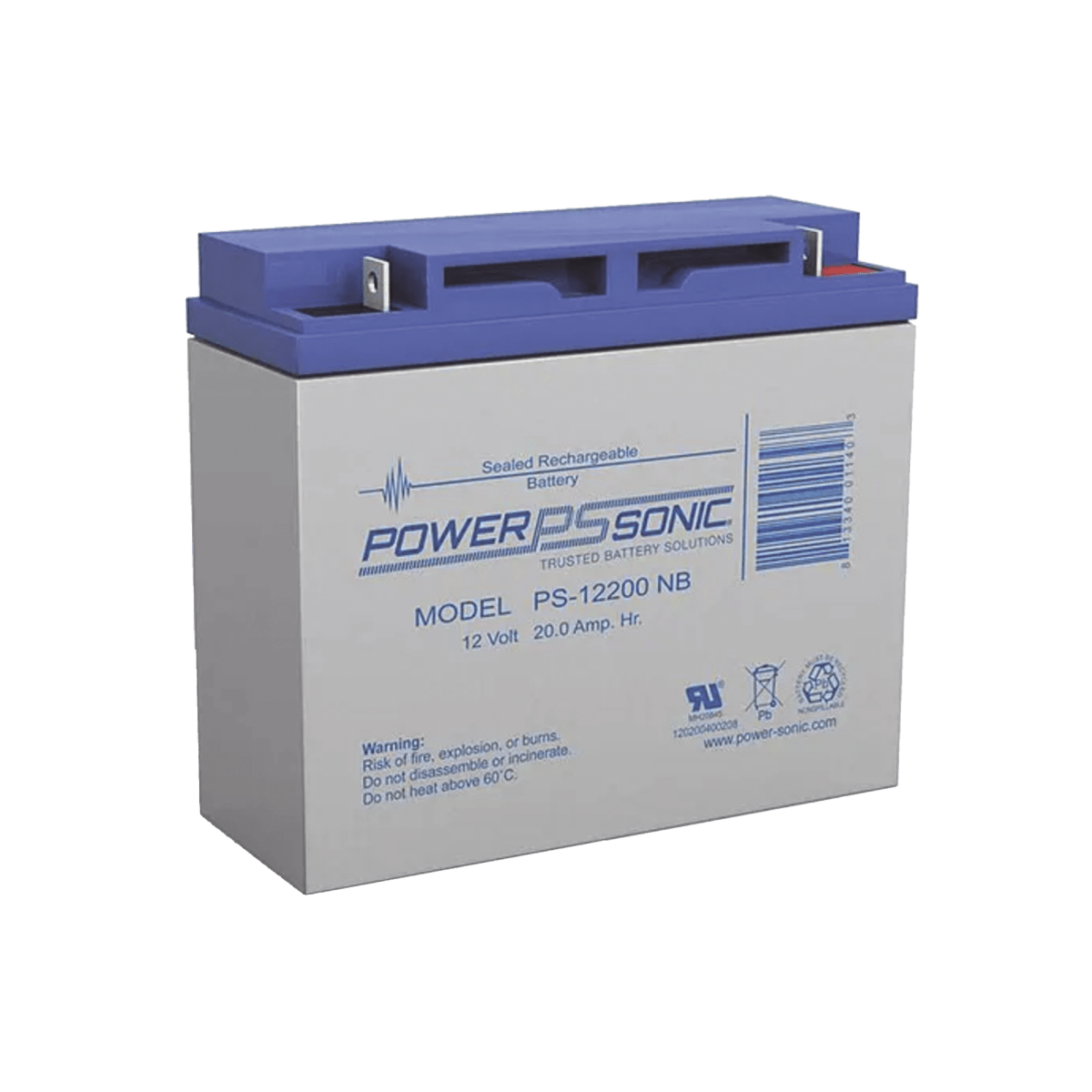 BateríasPOWER SONICPS-12200Batería 12V 20Ah Power Sonic PS - 12200 · AGM/VRLA · Terminal NB2 · Vida Útil 5 Años · Certificación UL - SILYMX