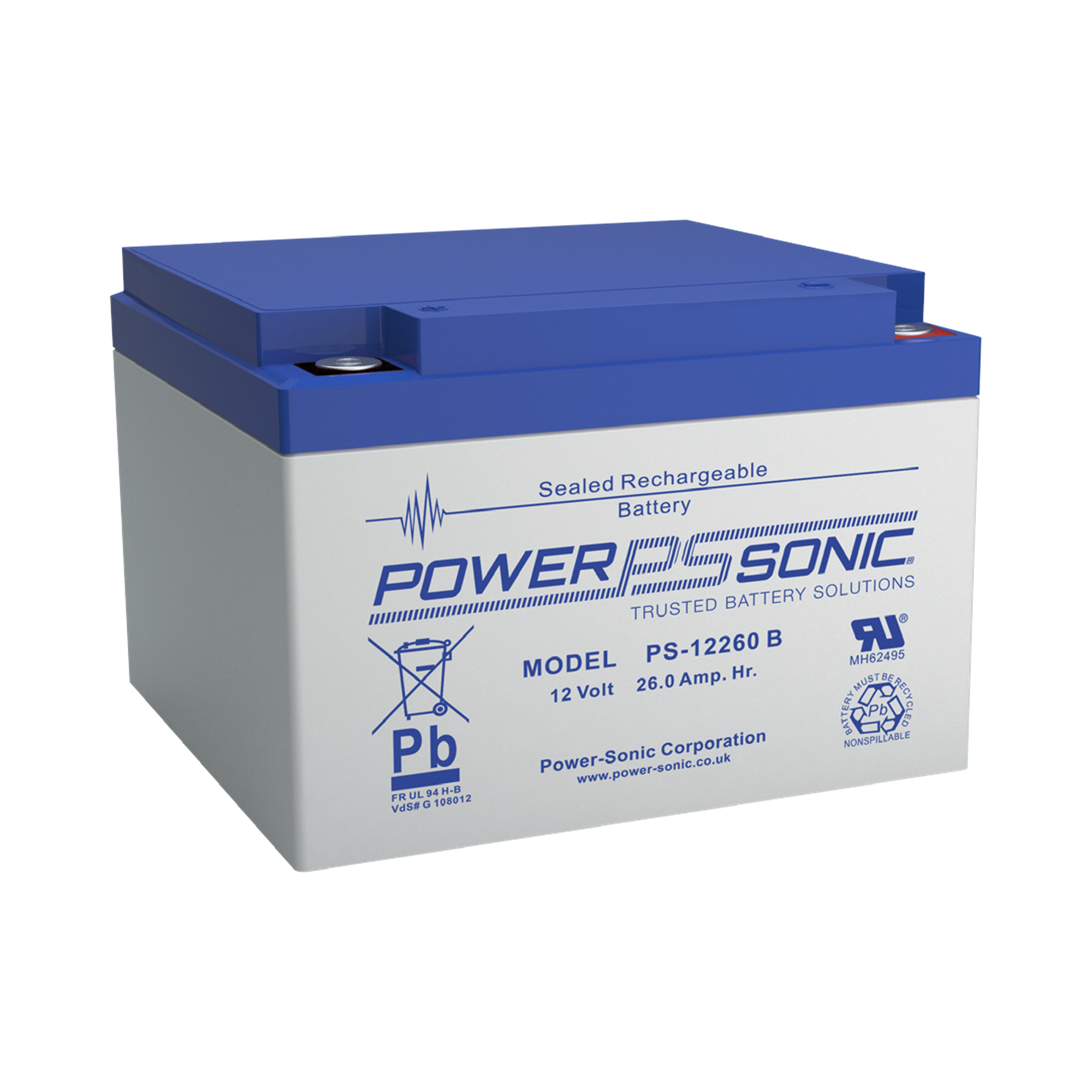 Batería 12V 26AH Para Respaldo AGM/VRLA 5 Años Vida Útil Terminales M5 Reconocida UL POWER SONIC PS-12260-B - SILYMX