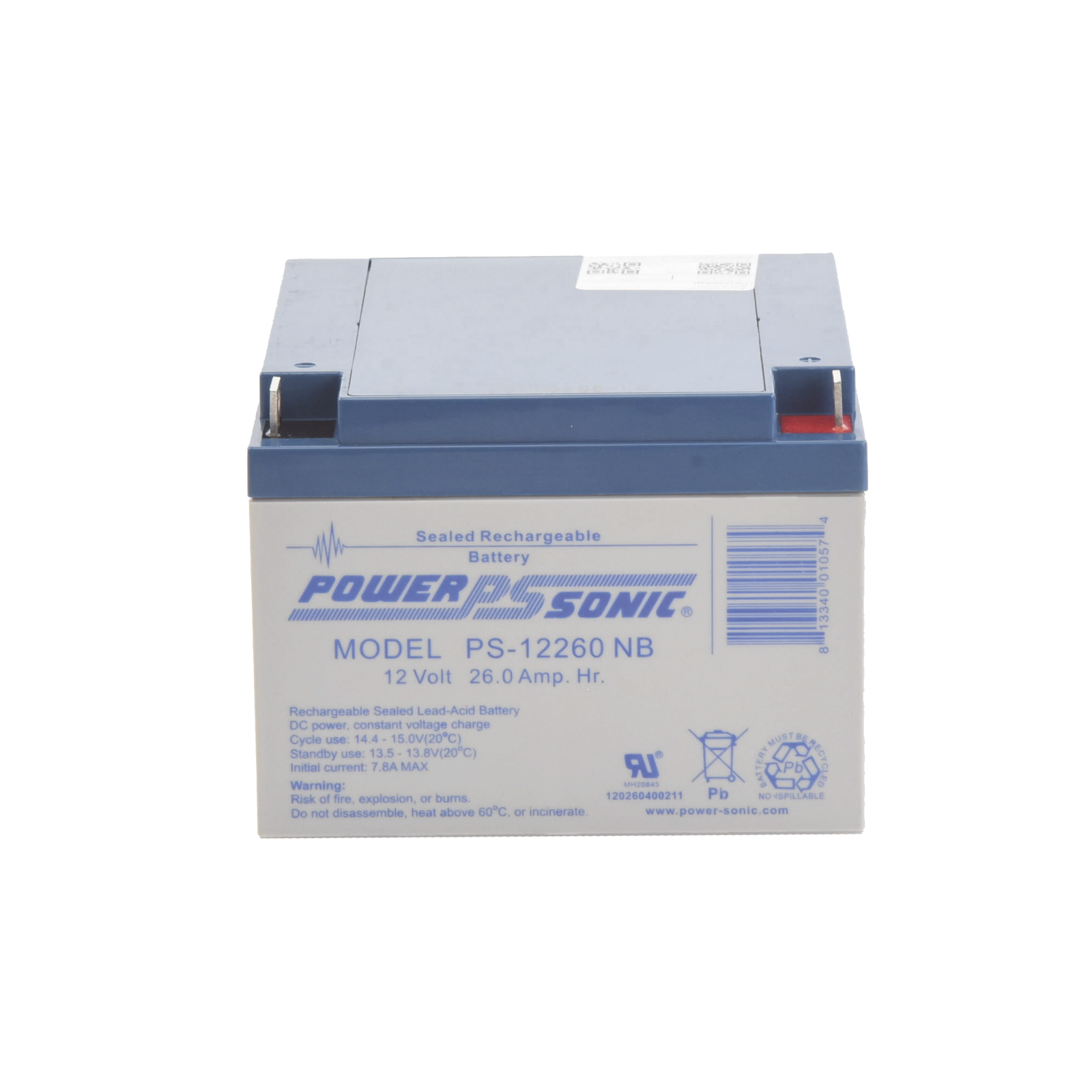 Batería 12V 26AH Para Respaldo AGM/VRLA 5 Años Vida Útil Terminales NB Reconocida UL POWER SONIC PS-12260-NB - SILYMX