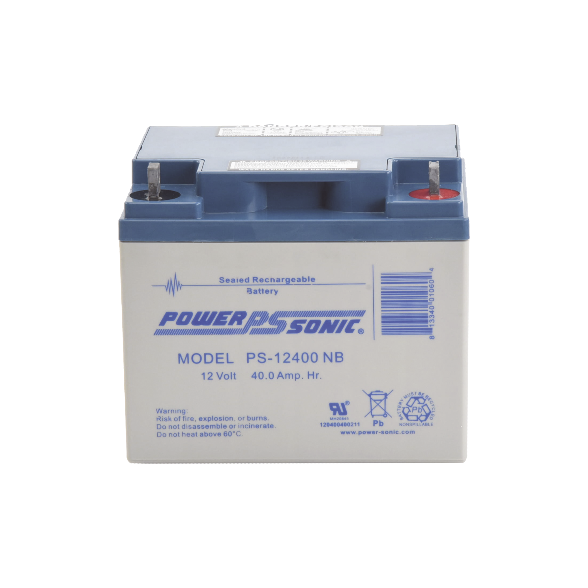 Batería 12V 40AH Para Respaldo AGM/VRLA 5 Años Vida Útil Terminales NB Reconocida UL POWER SONIC PS-12400-NB - SILYMX