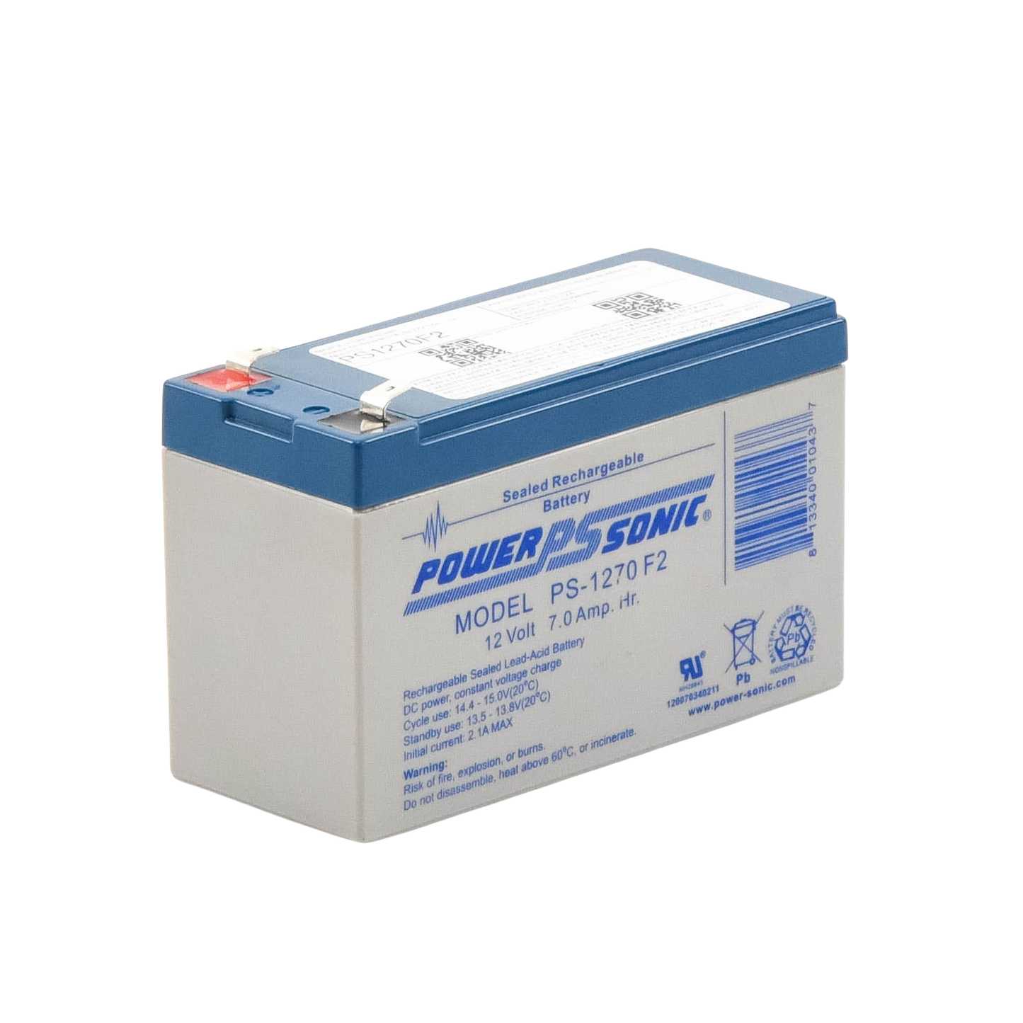 Batería 12V 7AH Para Respaldo AGM/VRLA 5 Años Vida Útil Terminales F1 Reconocida UL POWER SONIC PS-1270-F1 - SILYMX