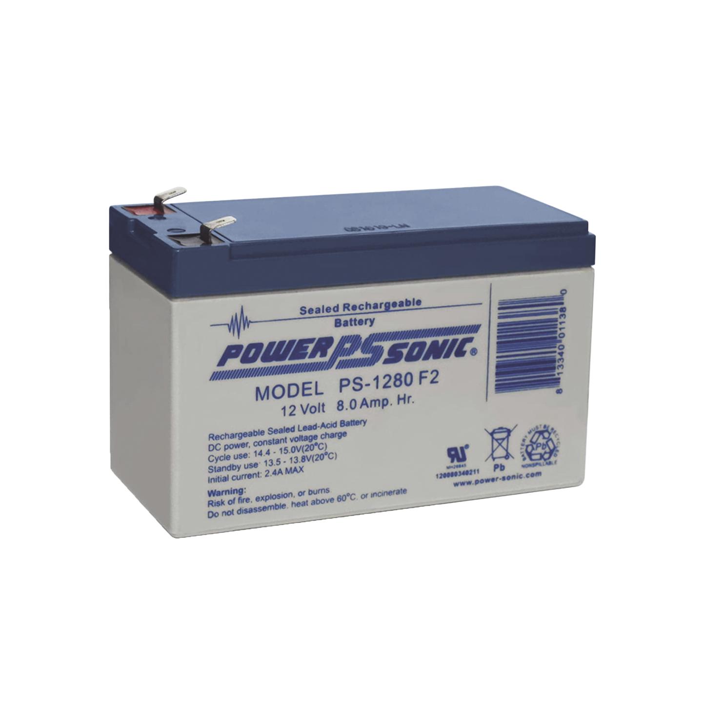 Batería 12V 8AH Para Respaldo AGM/VRLA 5 Años Vida Útil Terminales F2 Reconocida UL POWER SONIC PS-1280-F2 - SILYMX