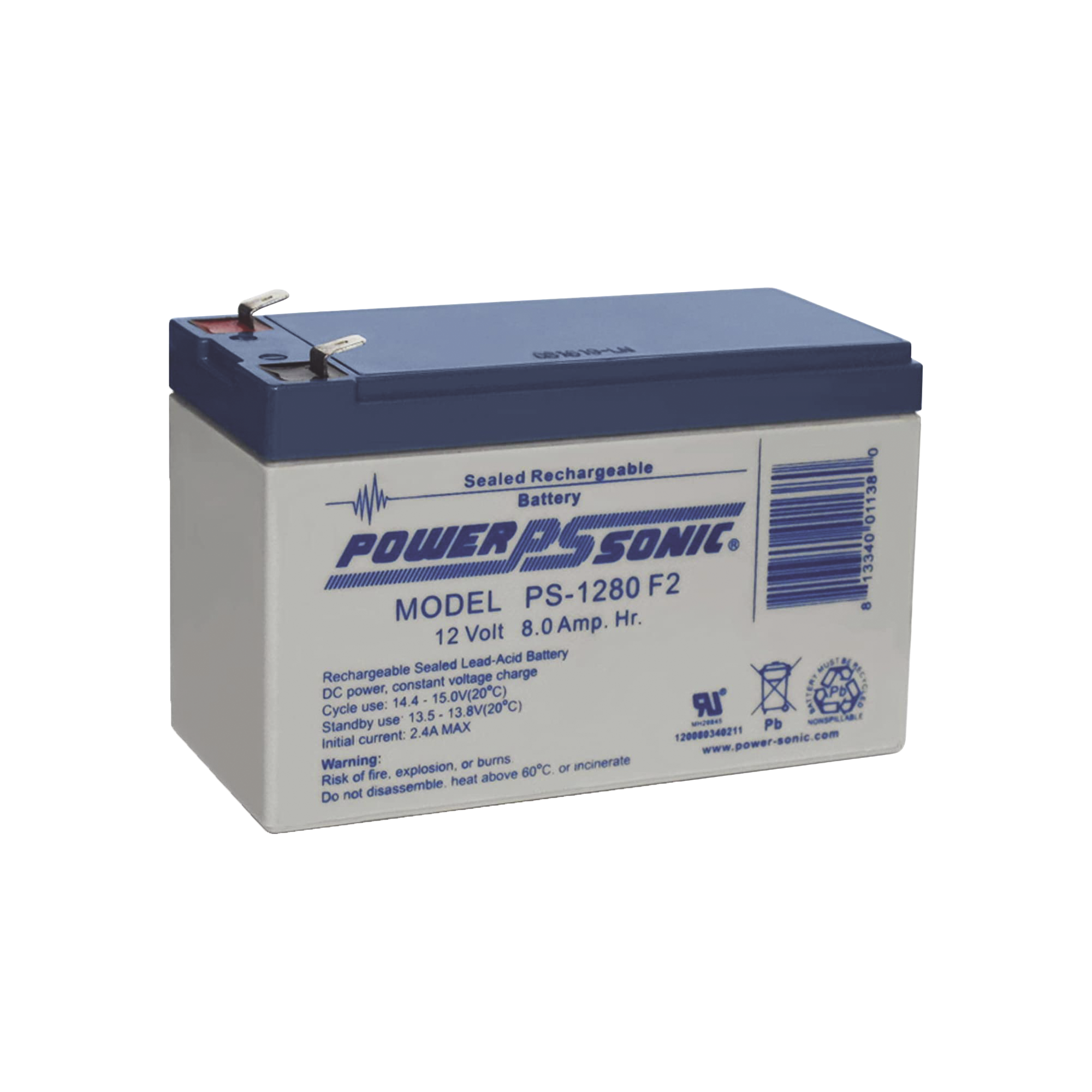 Batería 12V 8AH Para Respaldo AGM/VRLA 5 Años Vida Útil Terminales F2 Reconocida UL POWER SONIC PS-1280-F2 - SILYMX