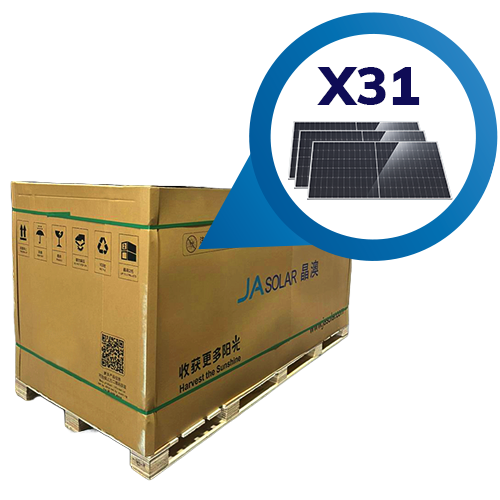 Pallet con 31 piezas de panel Solar JA Solar N-Type Bifacial de 645W