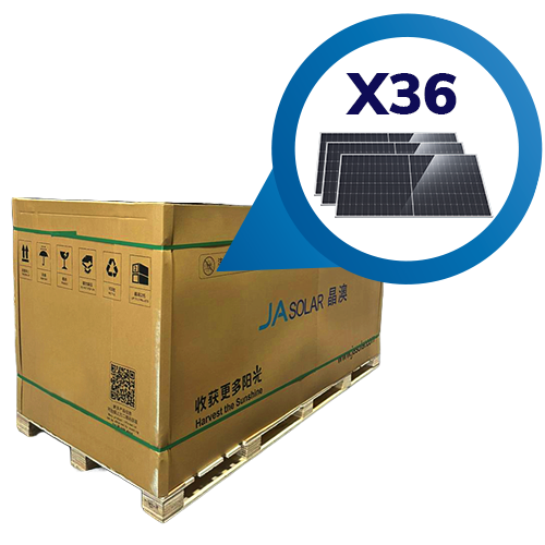 Pallet con 36 piezas de panel Solar JA Solar N-Type Double Glass Bifacial de 625W