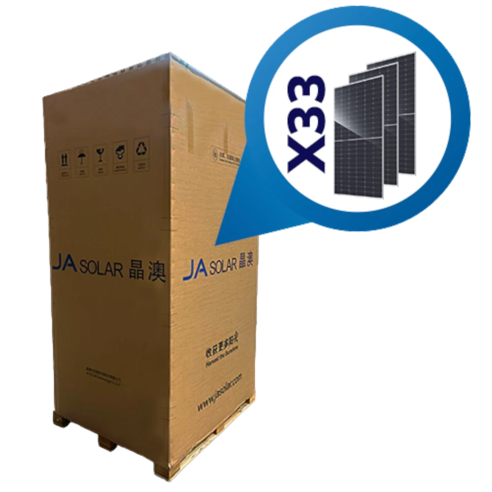 Pallet con 33 piezas de panel Solar JA Solar N-Type Double Glass Bifacial de 715W
