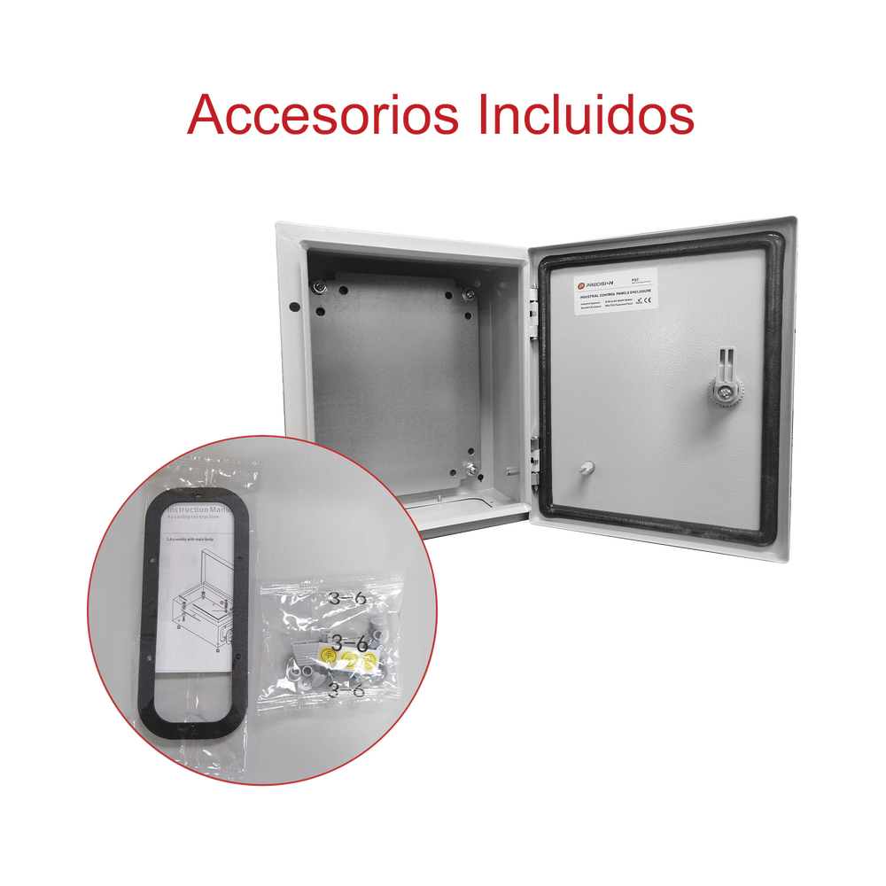 Gabinete de Acero IP66 Uso en Intemperie (250 x 300 x 150 mm) con Placa Trasera Interior y Compuerta Inferior Atornillable (Incluye Chapa y Llave) - SILYMX