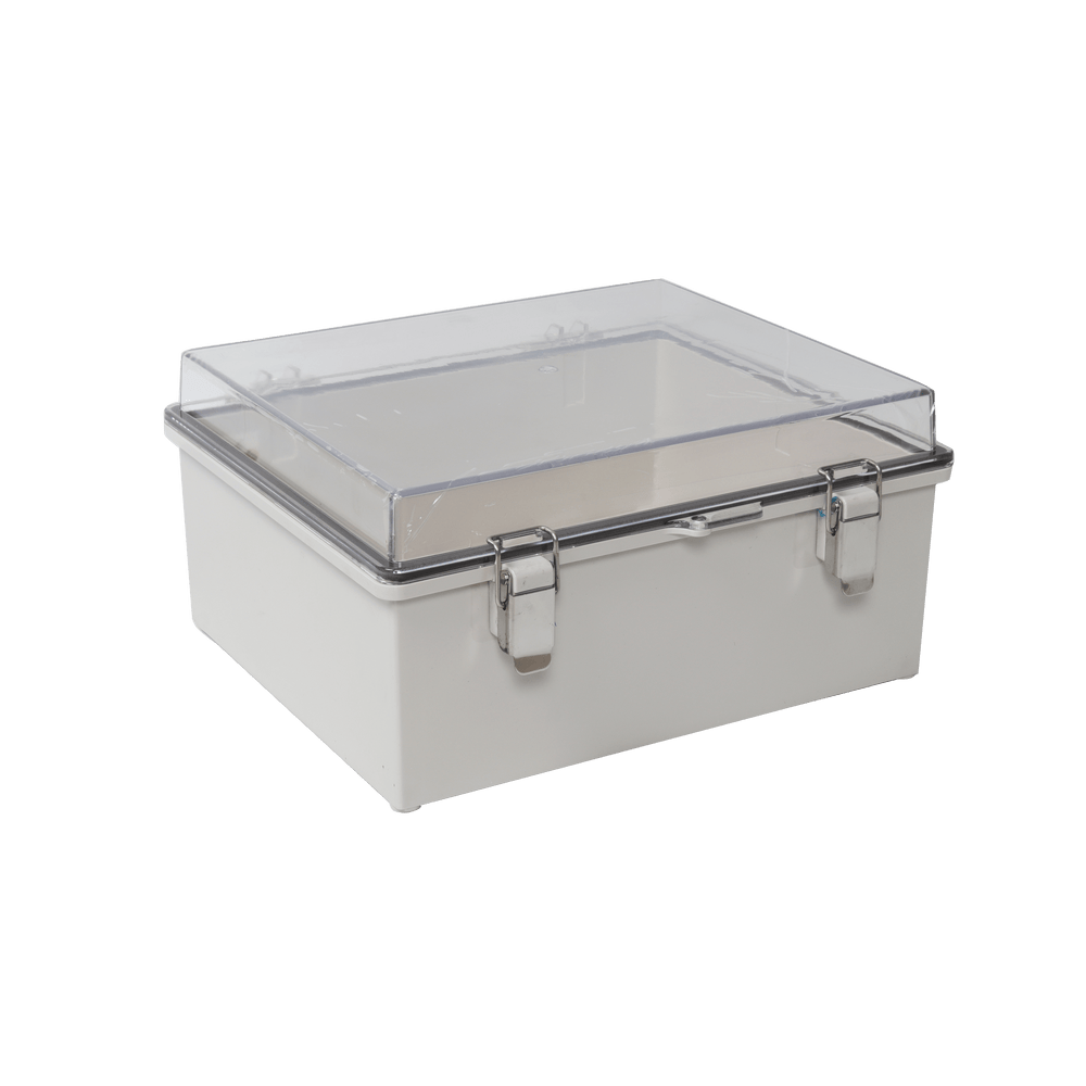 Gabinete Plástico ABS, Puerta Transparente, Uso en Intemperie (300 x 300 x 180 mm) Cierre por Broches Inoxidables PST-3030-18ET - SILYMX