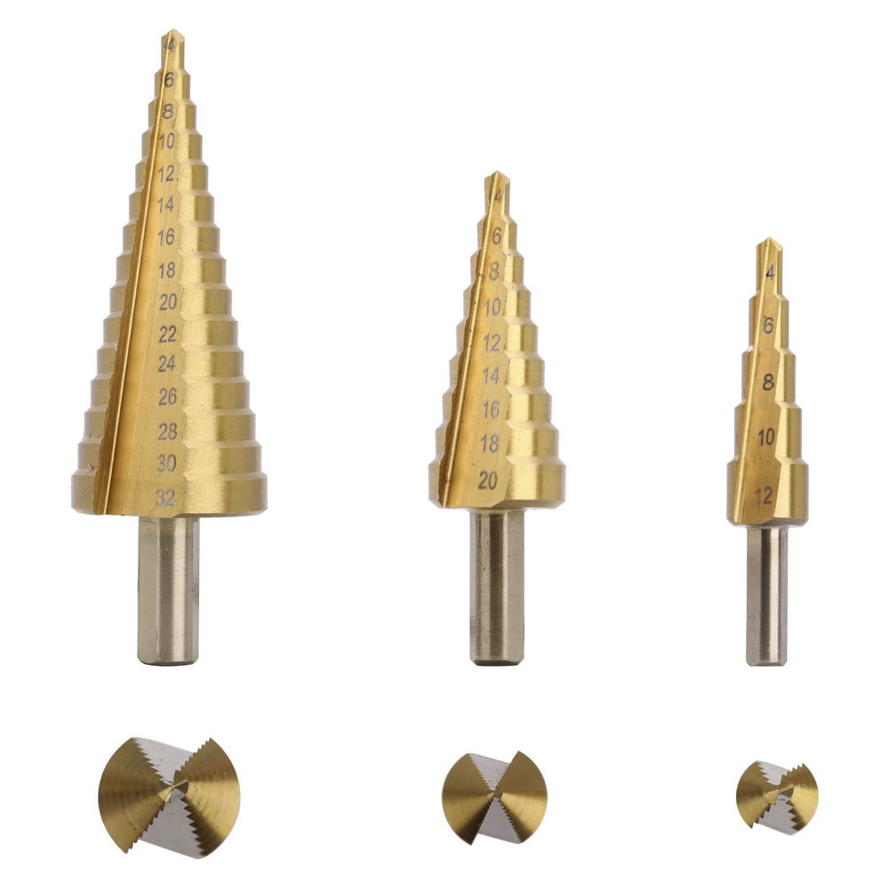 Juego de 3 Brocas Escalonadas HSS 4-12, 4-20, 4-32 mm (Para Plástico o Metal) - SILYMX