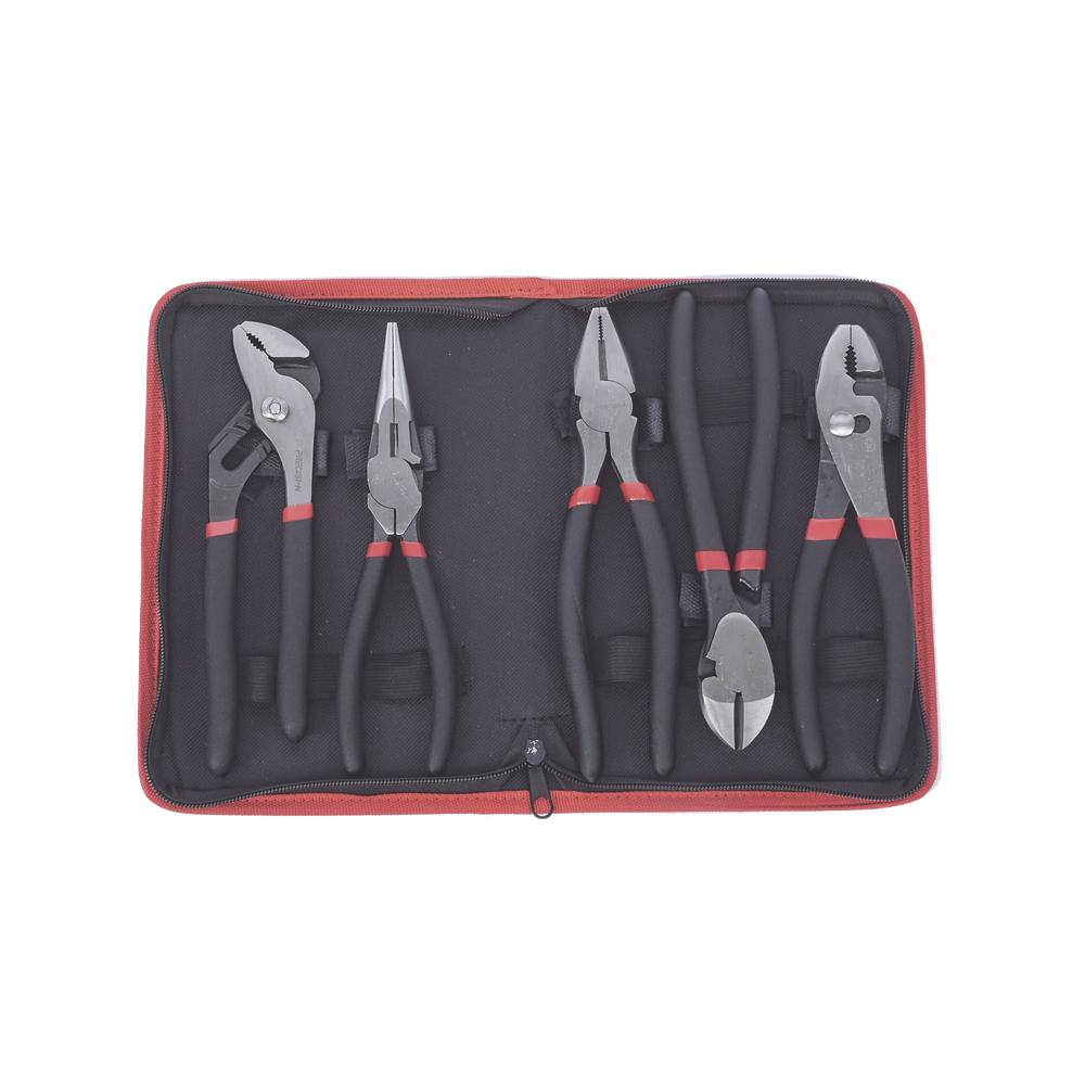 Juego de 5 Pinzas de 8" con Estuche Incluye: Pinza Mecánica Pinza para Tubo Pinza Eléctrica Pinza Corte Nariz Larga PST-H010-03 - SILYMX