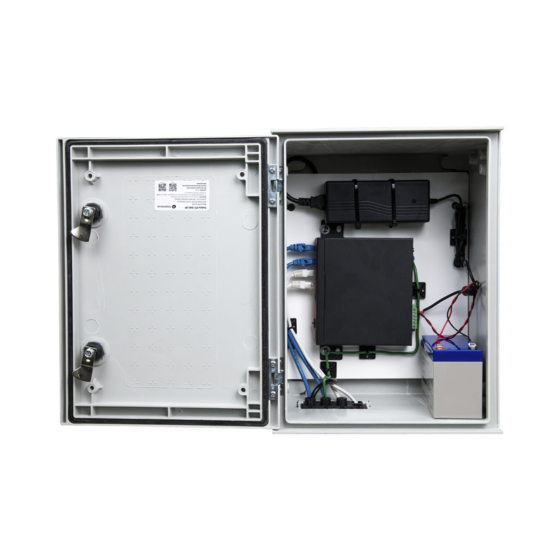 KIT de Gabinete de Poliéster (300 x 400 x 200 mm) + Controlador de Carga con Switch PoE (5) + Batería de 12V 7Ah PRECISION PST-UPS-BAT1 - SILYMX