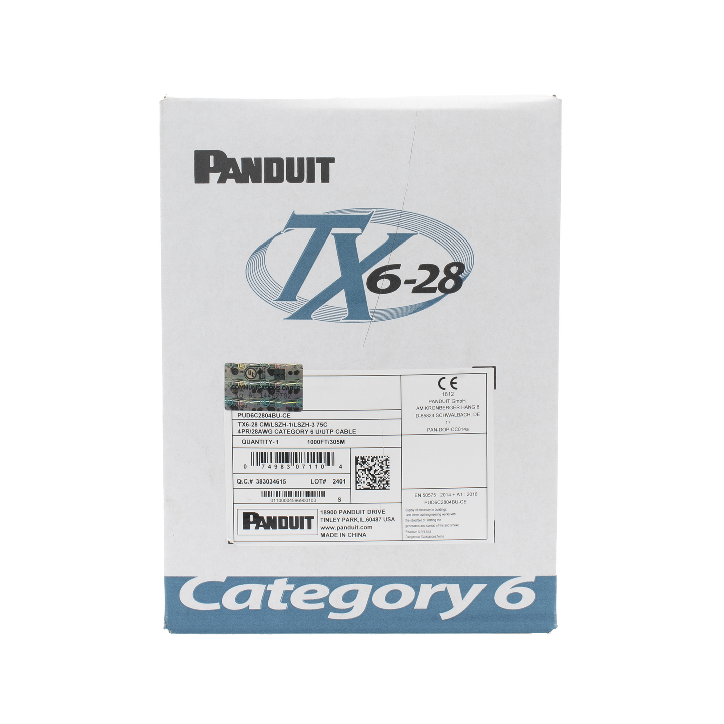 Bobina de Cable UTP PANDUIT 305 mts de Cobre TX6-28® Azul Categoría 6 Diámetro Reducido (28 AWG) CM/LSZH de 4 pares PUD6C2804BU-CE - SILYMX