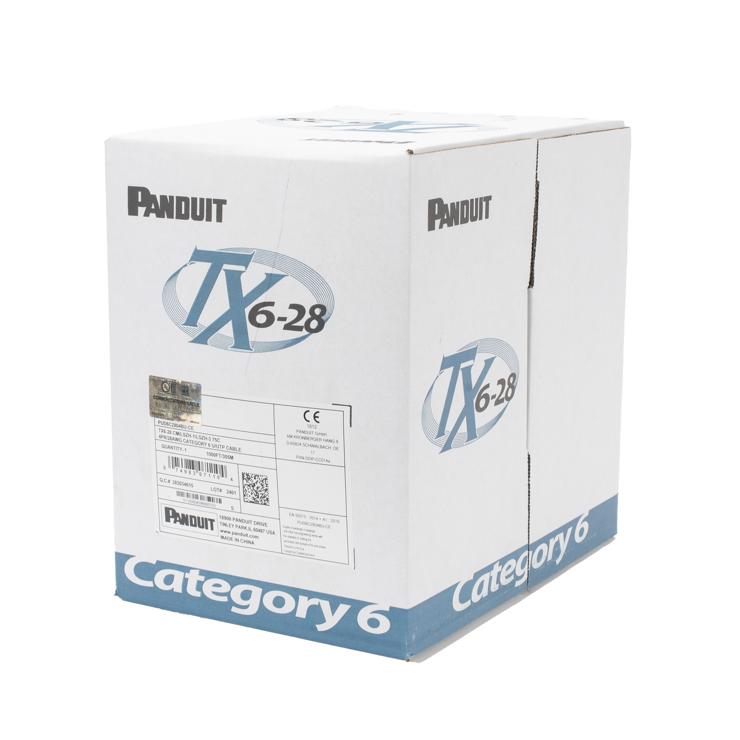 Bobina de Cable UTP PANDUIT 305 mts de Cobre TX6-28® Azul Categoría 6 Diámetro Reducido (28 AWG) CM/LSZH de 4 pares PUD6C2804BU-CE - SILYMX