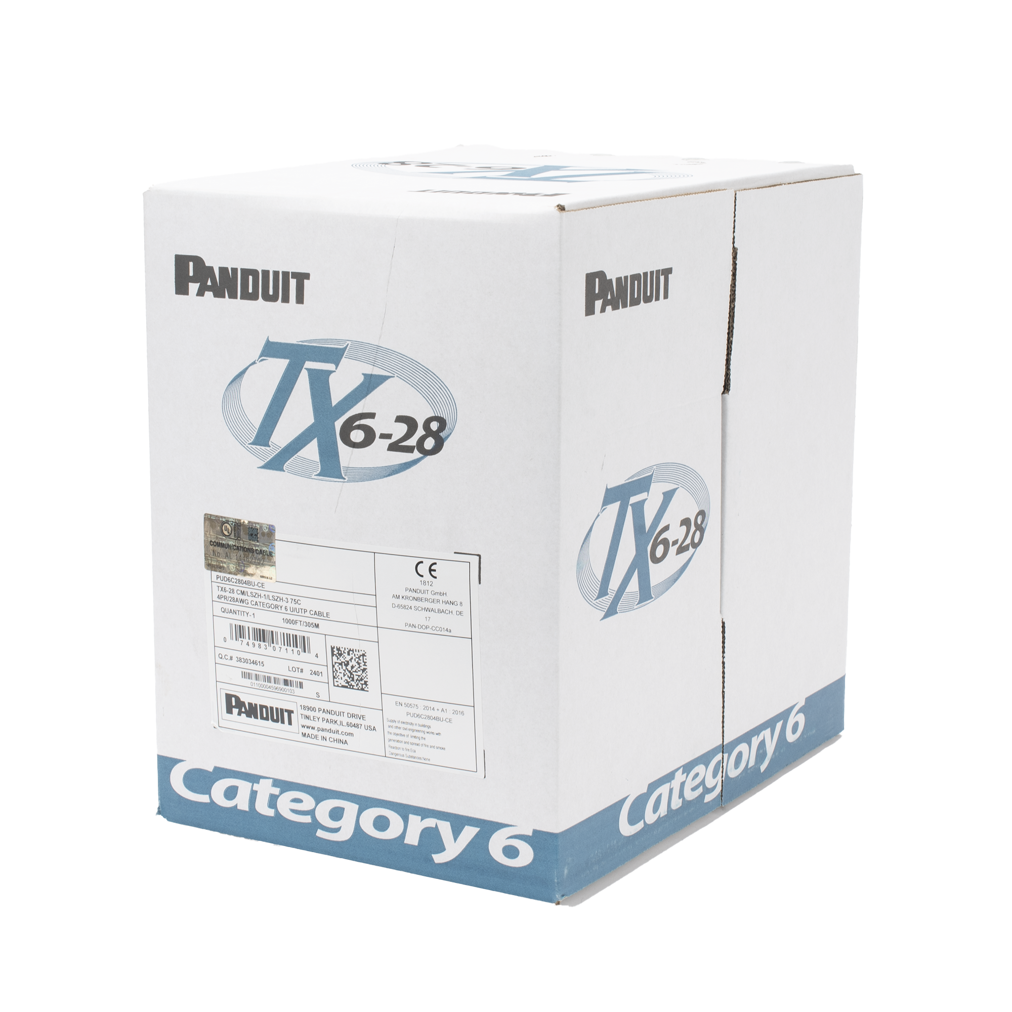 Bobina de Cable UTP PANDUIT 305 mts de Cobre TX6-28® Azul Categoría 6 Diámetro Reducido (28 AWG) CM/LSZH de 4 pares PUD6C2804BU-CE - SILYMX