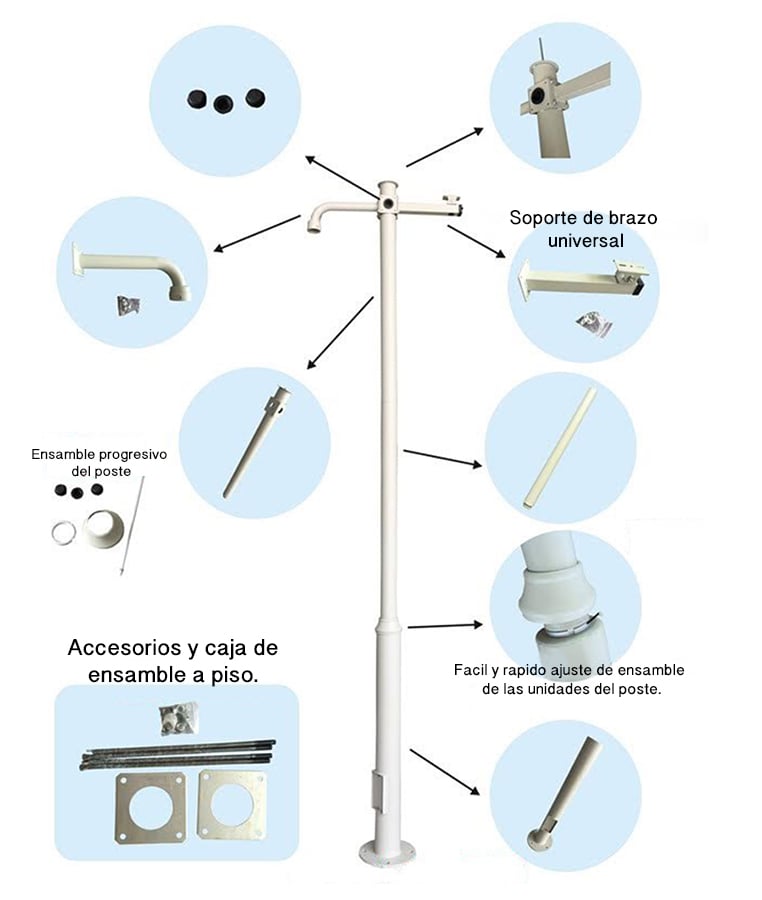 Poste Seccionado de 6 Metros Especializado Instalación de Videovigilancia Incluye Base Cimentación Brazo para Cámara PTZ Color Negro XGAPOLE6M/A - SILYMX