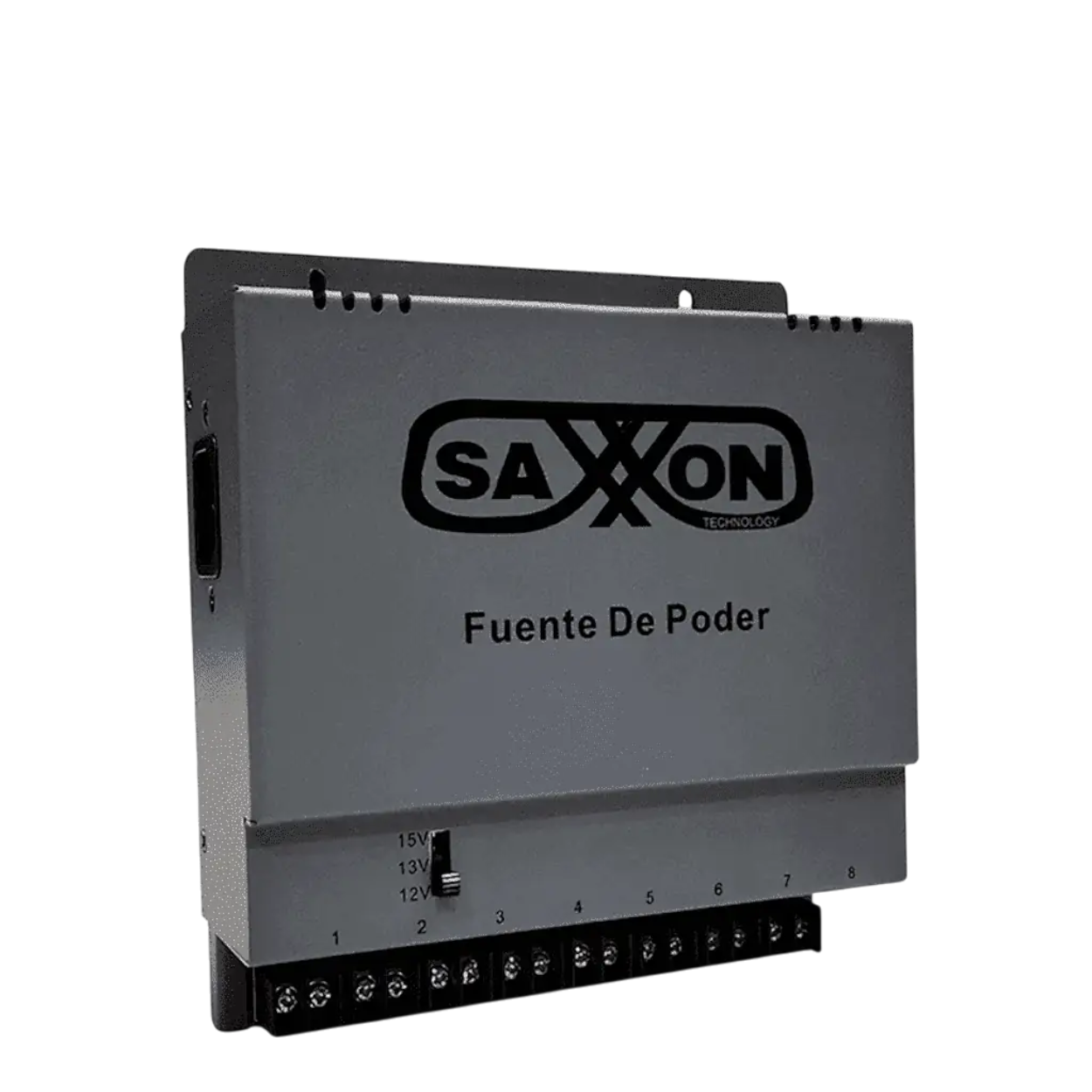 Fuente de Poder Regulable SAXXON PSU1208A | 8 Canales 12V/13V/15V | 1A por Canal | Metal, Pared, CCTV