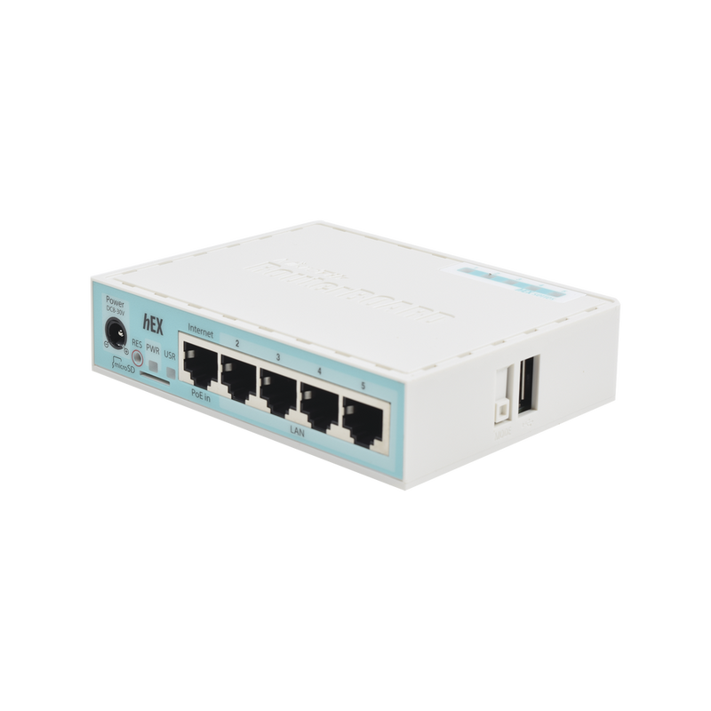 Ruteador Mikrotik 5 Puertos 10/100/1000 Mbps 1 Puerto Usb Carcasa De Plástico Consumo Máximo De 5 Watts Adaptador De Corriente 24v 0.3a RB750GR3