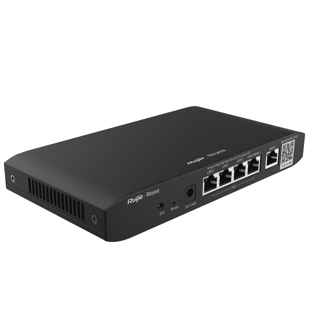 Router Balanceador SD-WAN POE+ hasta 54w 3 puertos LAN gigabit 1 Puerto WAN 1 puerto LAN/WAN gigabithasta 100 clientes con desempeño de 600 Mbps asimétricos RG-EG105G-P-V3 - SILYMX