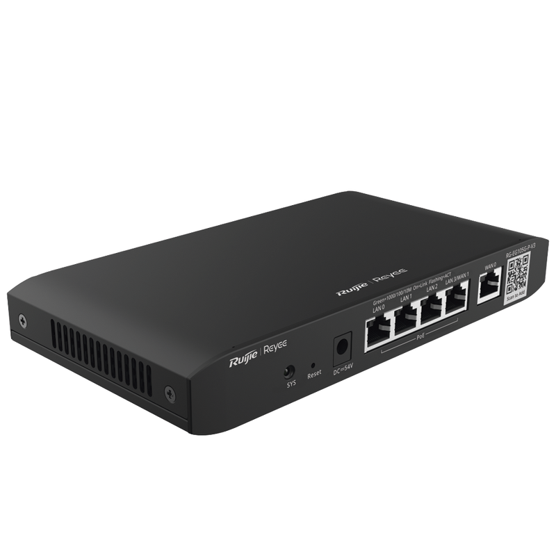 Router Balanceador SD-WAN POE+ hasta 54w 3 puertos LAN gigabit 1 Puerto WAN 1 puerto LAN/WAN gigabithasta 100 clientes con desempeño de 600 Mbps asimétricos RG-EG105G-P-V3
