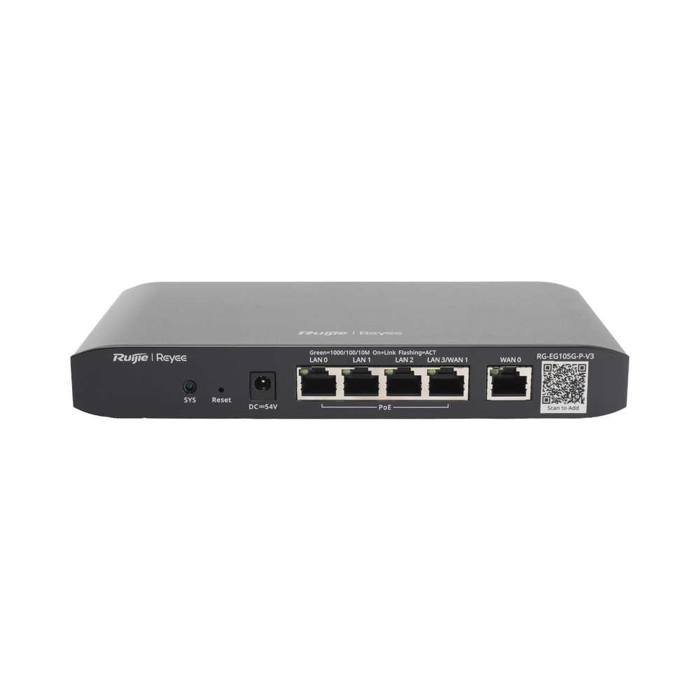 Router Balanceador SD-WAN POE+ hasta 54w 3 puertos LAN gigabit 1 Puerto WAN 1 puerto LAN/WAN gigabithasta 100 clientes con desempeño de 600 Mbps asimétricos RG-EG105G-P-V3 - SILYMX