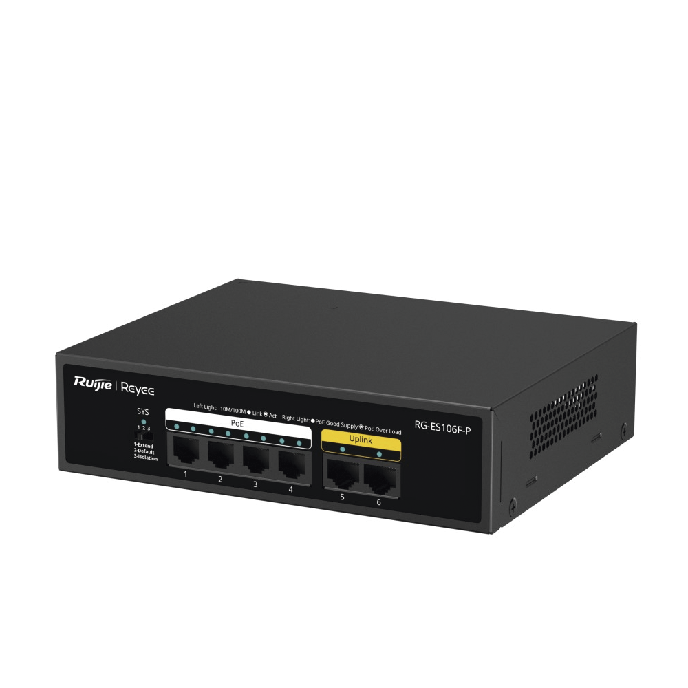 Switch de 6 Puertos 10/100 Mbps PoE+ hasta 54 Watts No Administrable RUIJIE RG-ES106F-P - SILYMX