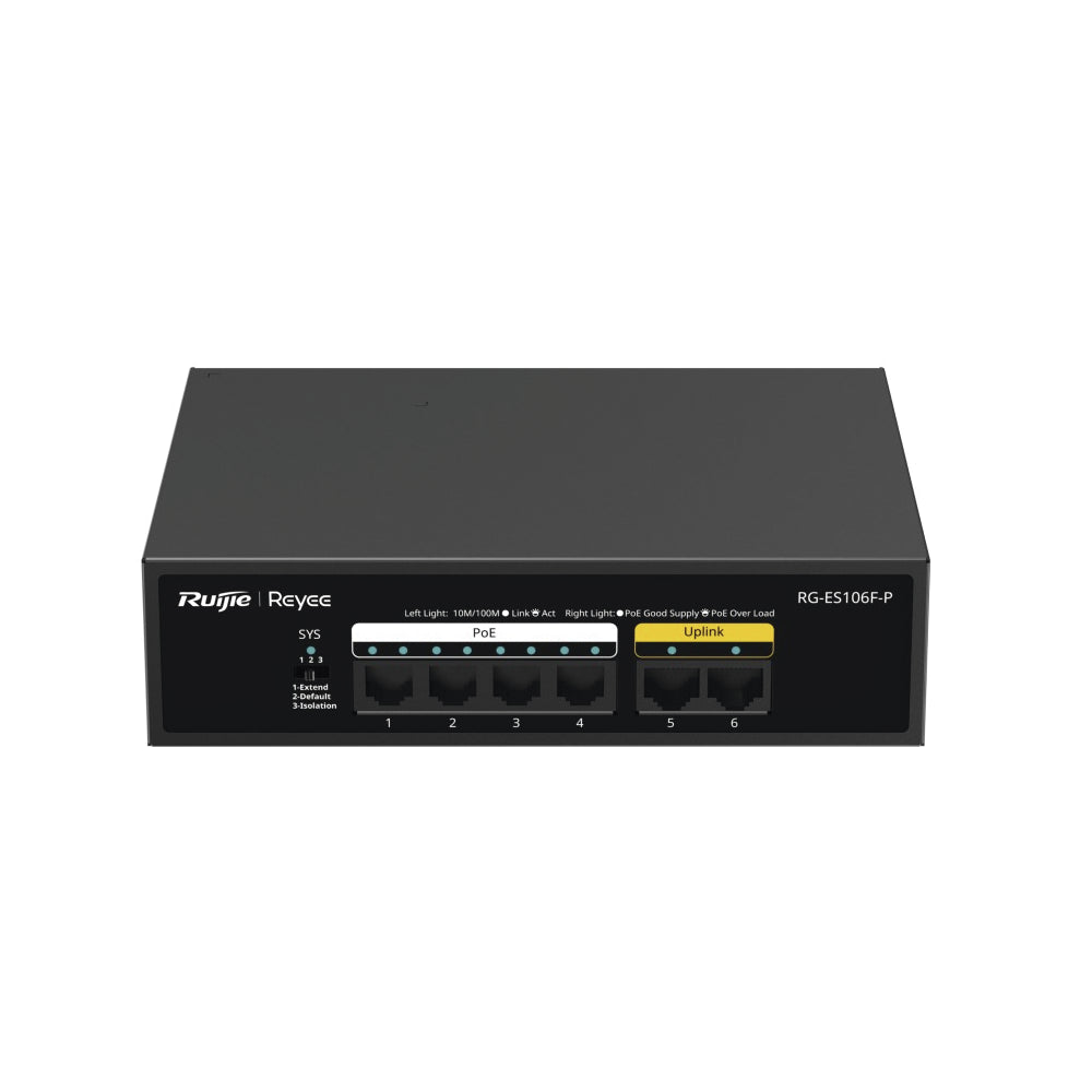 Switch de 6 Puertos 10/100 Mbps PoE+ hasta 54 Watts No Administrable RUIJIE RG-ES106F-P