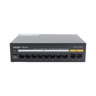 RUIJIERG-ES110F-PSwitch PoE+ no Administrable, Hasta 110 Watts, 8 puertos PoE+ y 2 Uplinks 10/100 - SILYMX