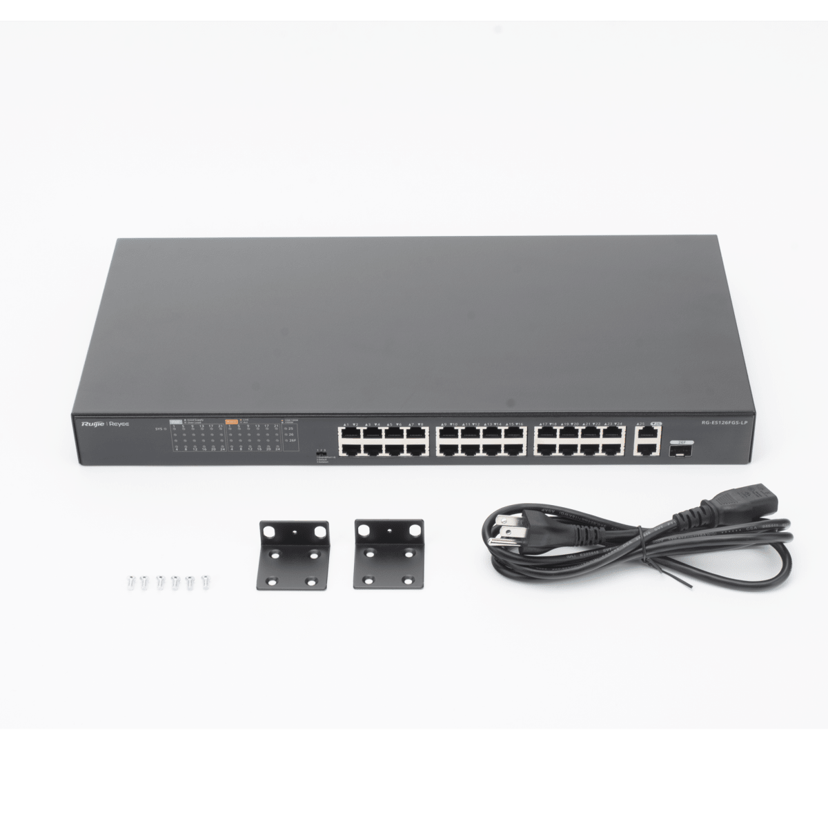 Switches PoERUIJIERG-ES126FGS-LPSwitch PoE+ Ruijie no Administrable hasta 180 Watts Ideal para CCTV 24 Puertos 10/100 PoE+ 2 Uplinks Gigabit (1 SFP COMBO) RG - ES126FGS - LP - SILYMX
