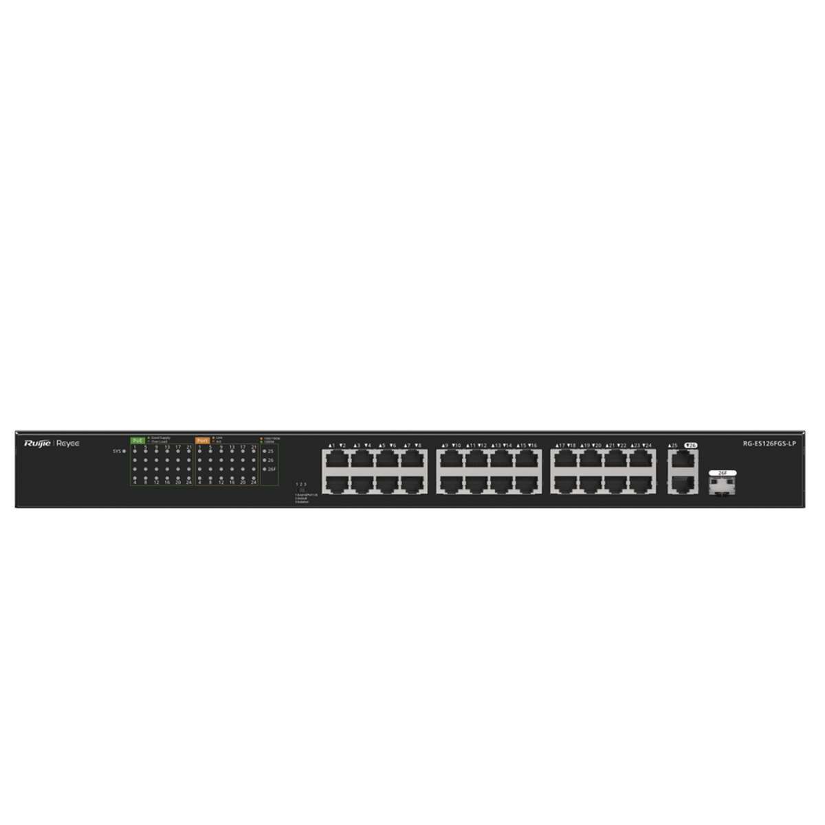 Switches PoERUIJIERG-ES126FGS-LPSwitch PoE+ Ruijie no Administrable hasta 180 Watts Ideal para CCTV 24 Puertos 10/100 PoE+ 2 Uplinks Gigabit (1 SFP COMBO) RG - ES126FGS - LP - SILYMX