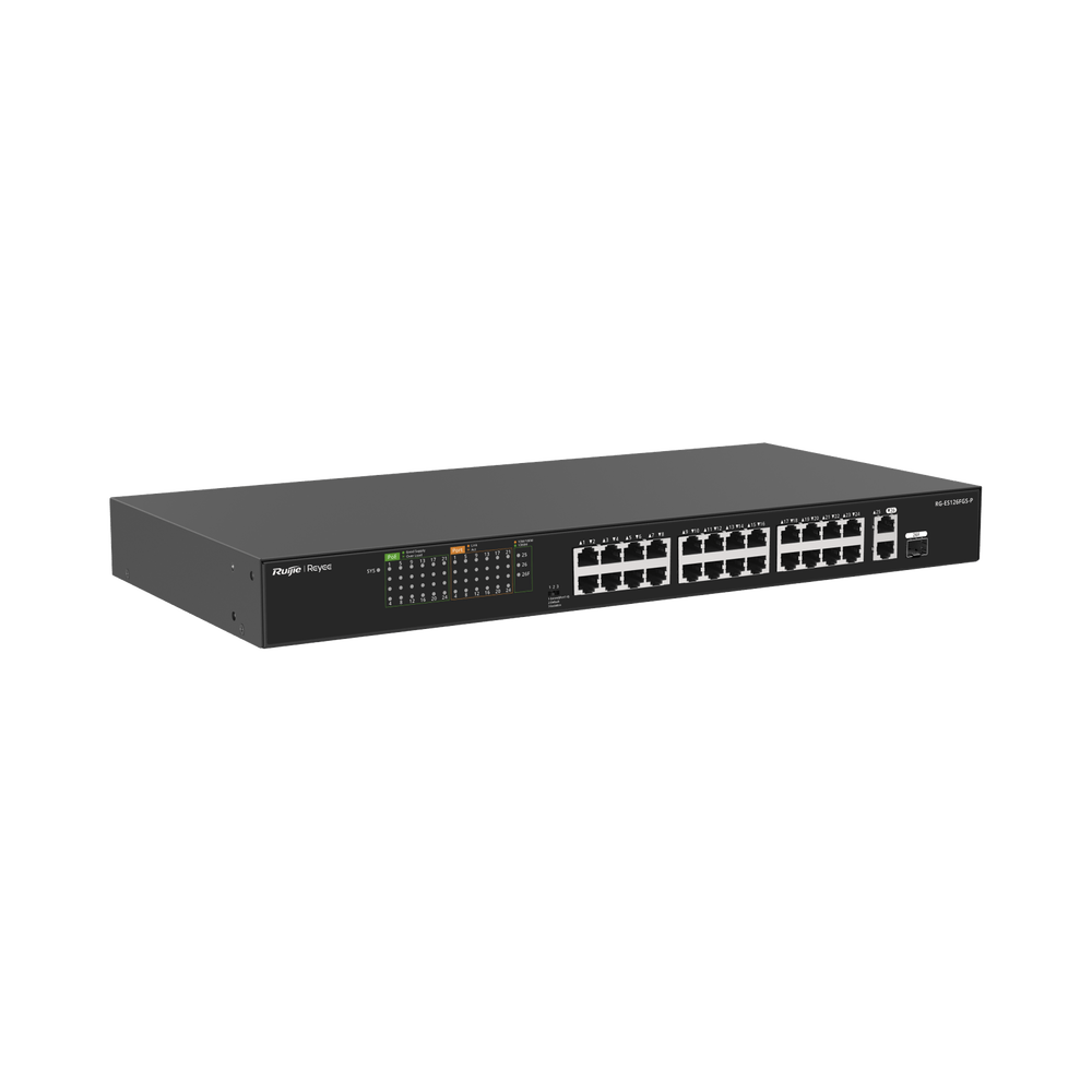 Switch PoE RUIJIE no administrable de 2 puertos Gigabit y 24 puertos 10/100 Mbps RUIJIE Monitoreable en la Nube RG-ES126FGS-P - SILYMX