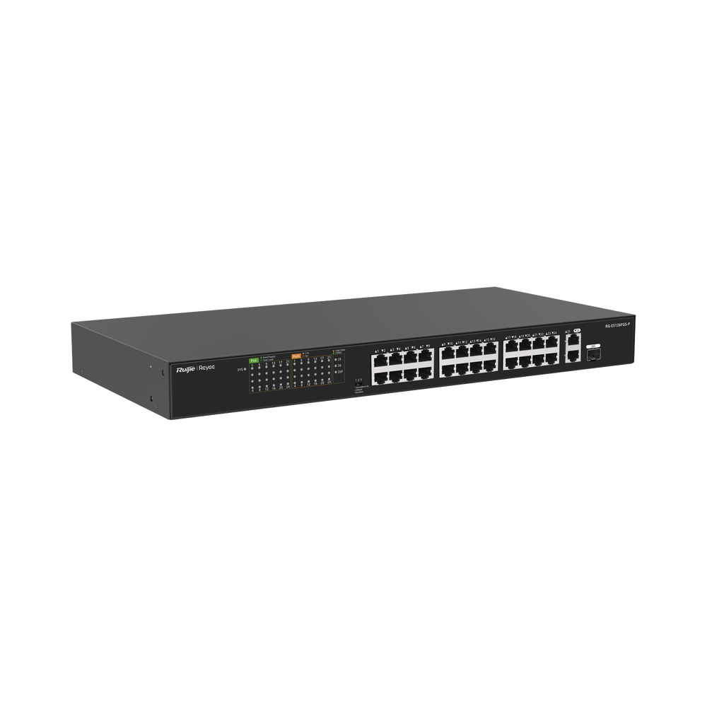 Switch PoE RUIJIE no administrable de 2 puertos Gigabit y 24 puertos 10/100 Mbps RUIJIE Monitoreable en la Nube RG-ES126FGS-P