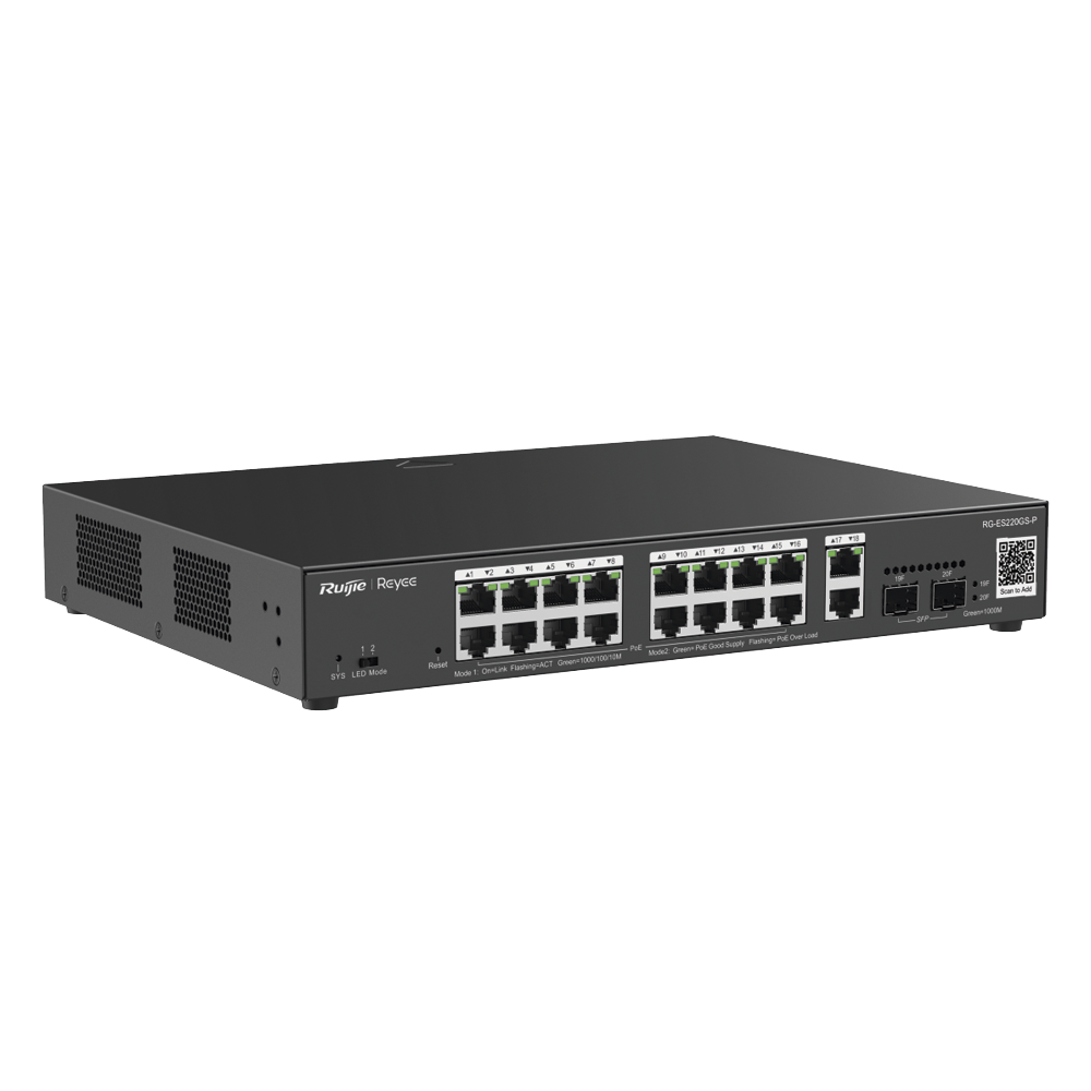 Switch L2 Administrable PoE con 16 puertos Gigabit PoE 802.3af/at + 2 SFP para fibra 1Gb RG-ES220GS-P - SILYMX