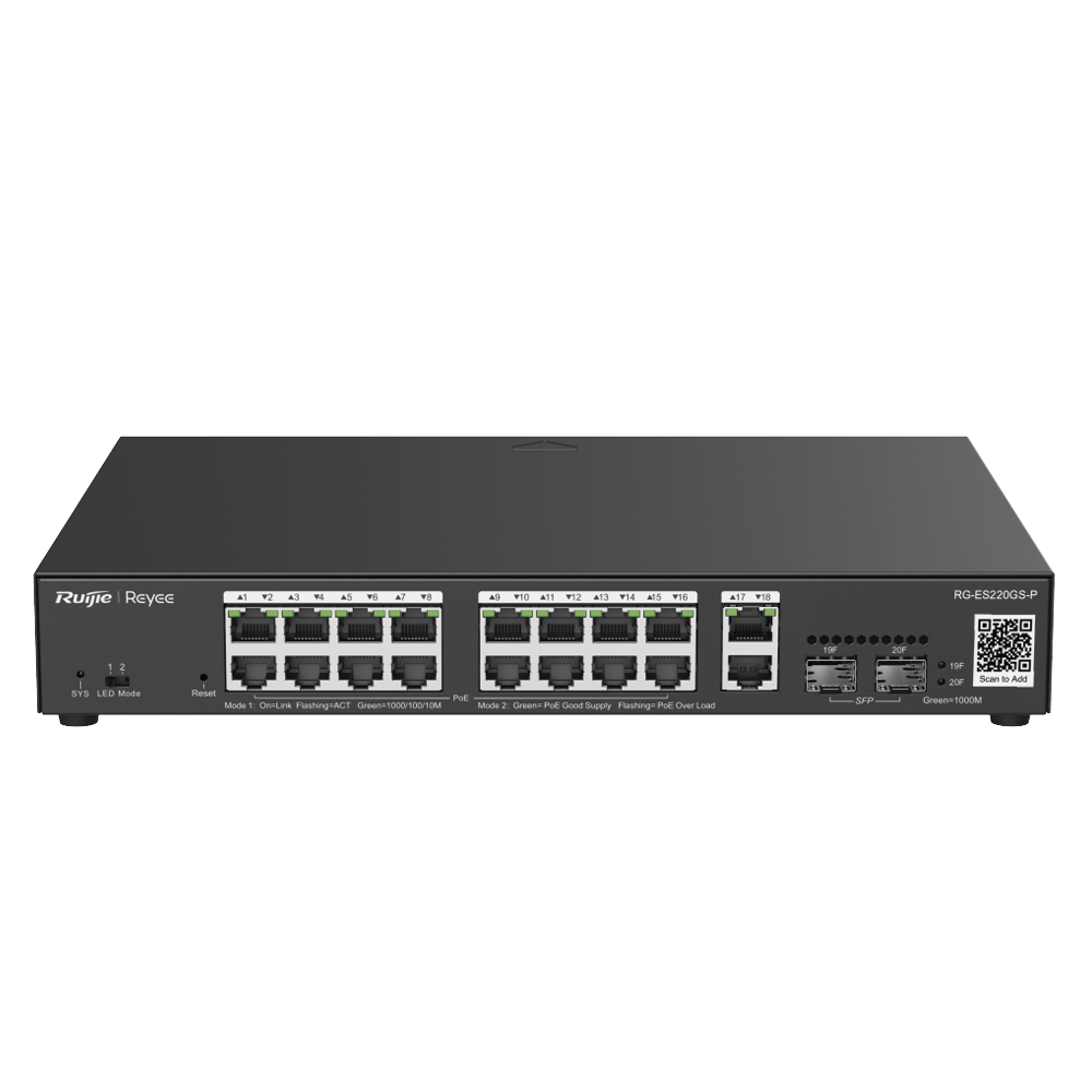 Switch L2 Administrable PoE con 16 puertos Gigabit PoE 802.3af/at + 2 SFP para fibra 1Gb RG-ES220GS-P - SILYMX